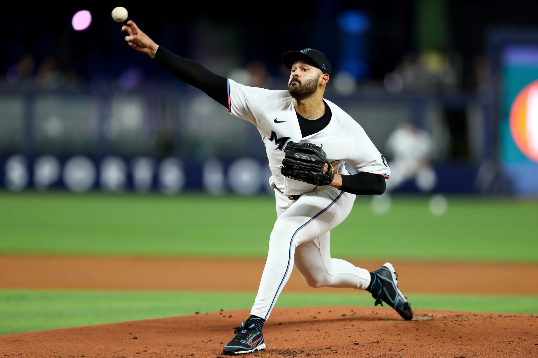 MIAMI, FLORIDA - SEPTEMBER 15: Pablo Lopez #49 of the Miami Marlins delivers a pitch against the Philadelphia Phillies at loanDepot park on September 15, 2022 in Miami, Florida. (Photo by Megan Briggs/Getty Images)