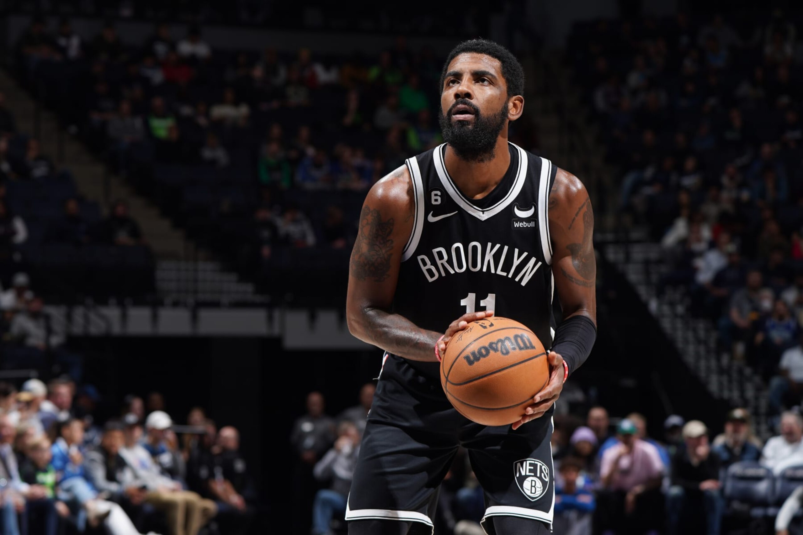 MINNEAPOLIS, MN - OCTOBER 14: Kyrie Irving #11 of the Brooklyn Nets shoots a free throw during the game against the Minnesota Timberwolves on October 14, 2022 at Target Center in Minneapolis, Minnesota. NOTE TO USER: User expressly acknowledges and agrees that, by downloading and or using this Photograph, user is consenting to the terms and conditions of the Getty Images License Agreement. Mandatory Copyright Notice: Copyright 2022 NBAE (Photo by Jordan Johnson/NBAE via Getty Images) MINNEAPOLIS, MN - OCTOBER 14: Kyrie Irving #11 of the Brooklyn Nets shoots a free throw during the game against the Minnesota Timberwolves on October 14, 2022 at Target Center in Minneapolis, Minnesota. NOTE TO USER: User expressly acknowledges and agrees that, by downloading and or using this Photograph, user is consenting to the terms and conditions of the Getty Images License Agreement. Mandatory Copyright Notice: Copyright 2022 NBAE (Photo by Jordan Johnson/NBAE via Getty Images)