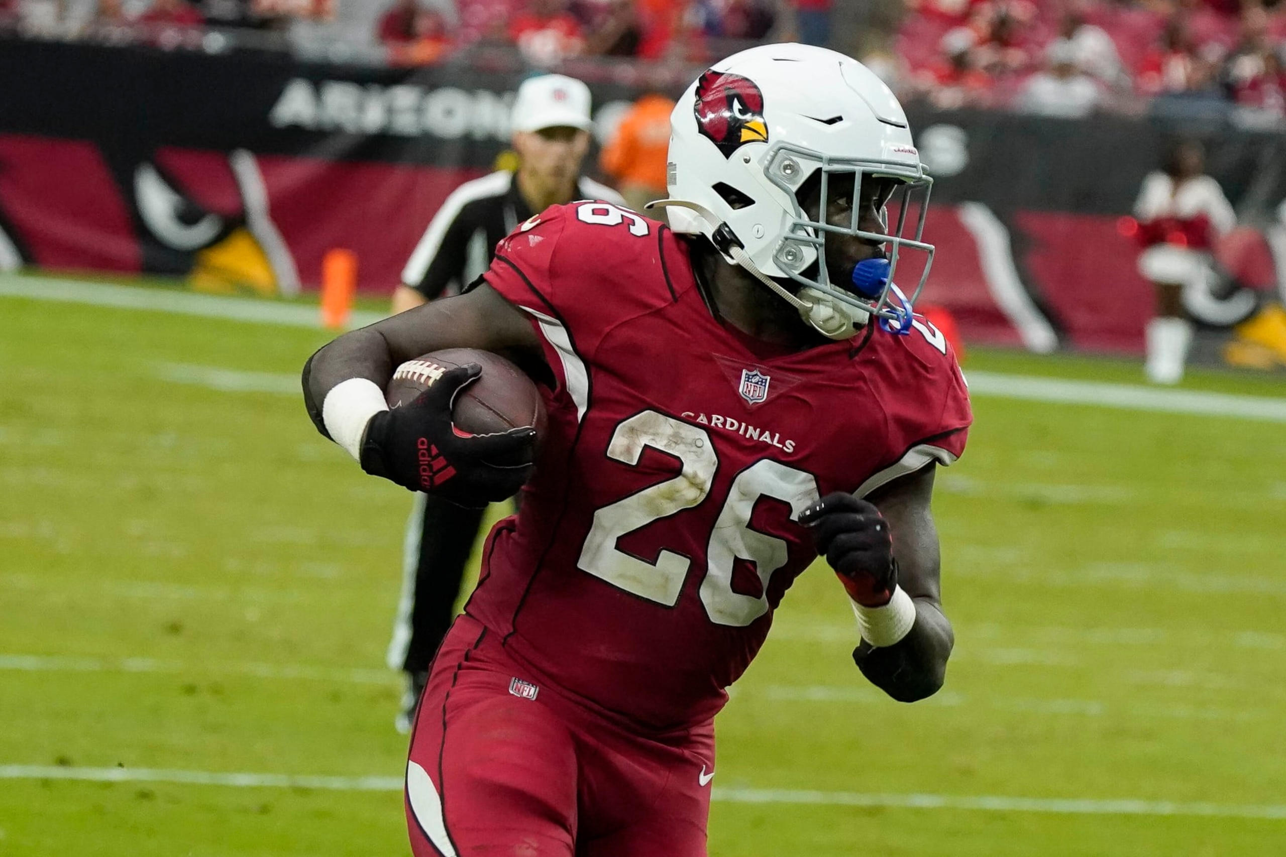 Arizona Cardinals running back Eno Benjamin (26) during the second half of an NFL football game against the Kansas City Chiefs Sunday, Sept. 11, 2022, in Glendale, Ariz. (AP Photo/Darryl Webb)