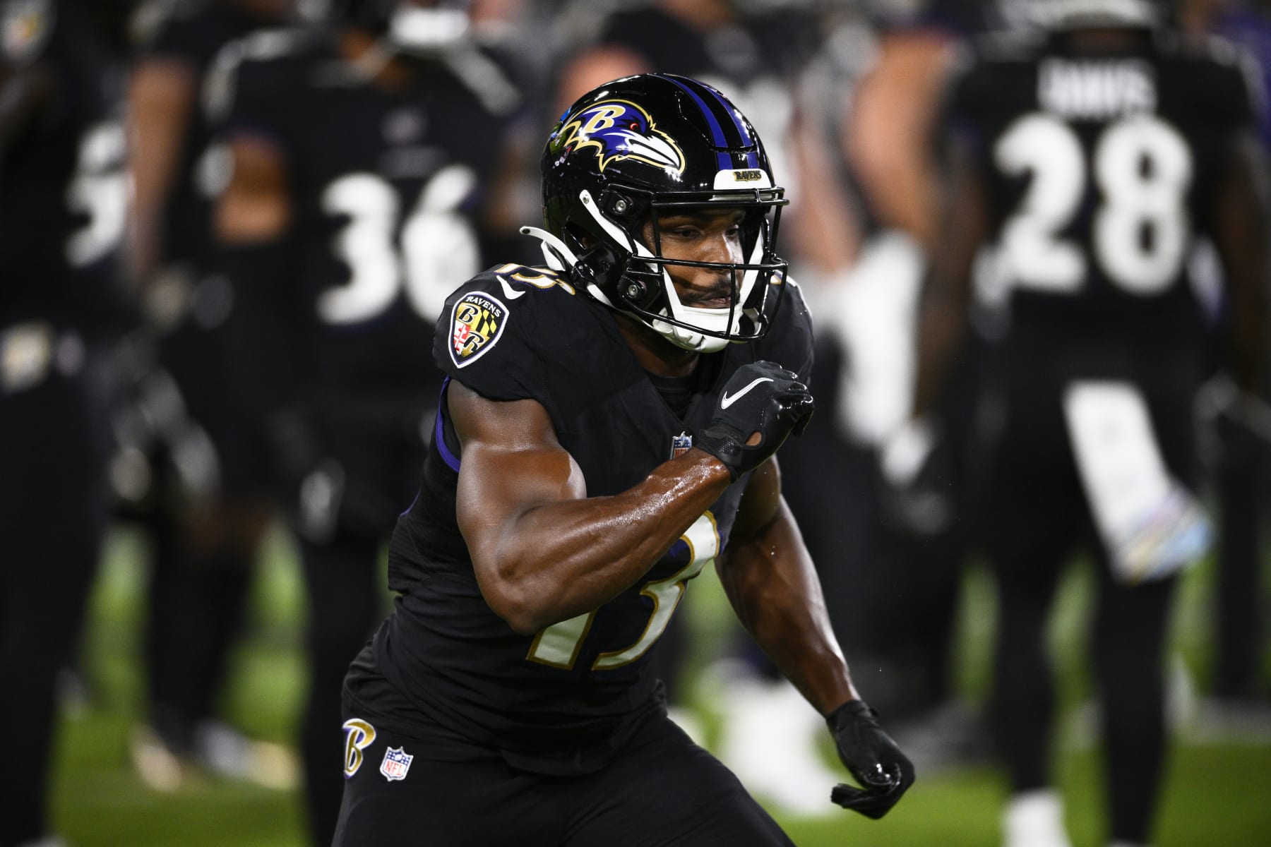 Baltimore Ravens wide receiver Devin Duvernay before an NFL football game against the Cincinnati Bengals, Sunday, Oct. 9, 2022, in Baltimore. (AP Photo/Nick Wass)