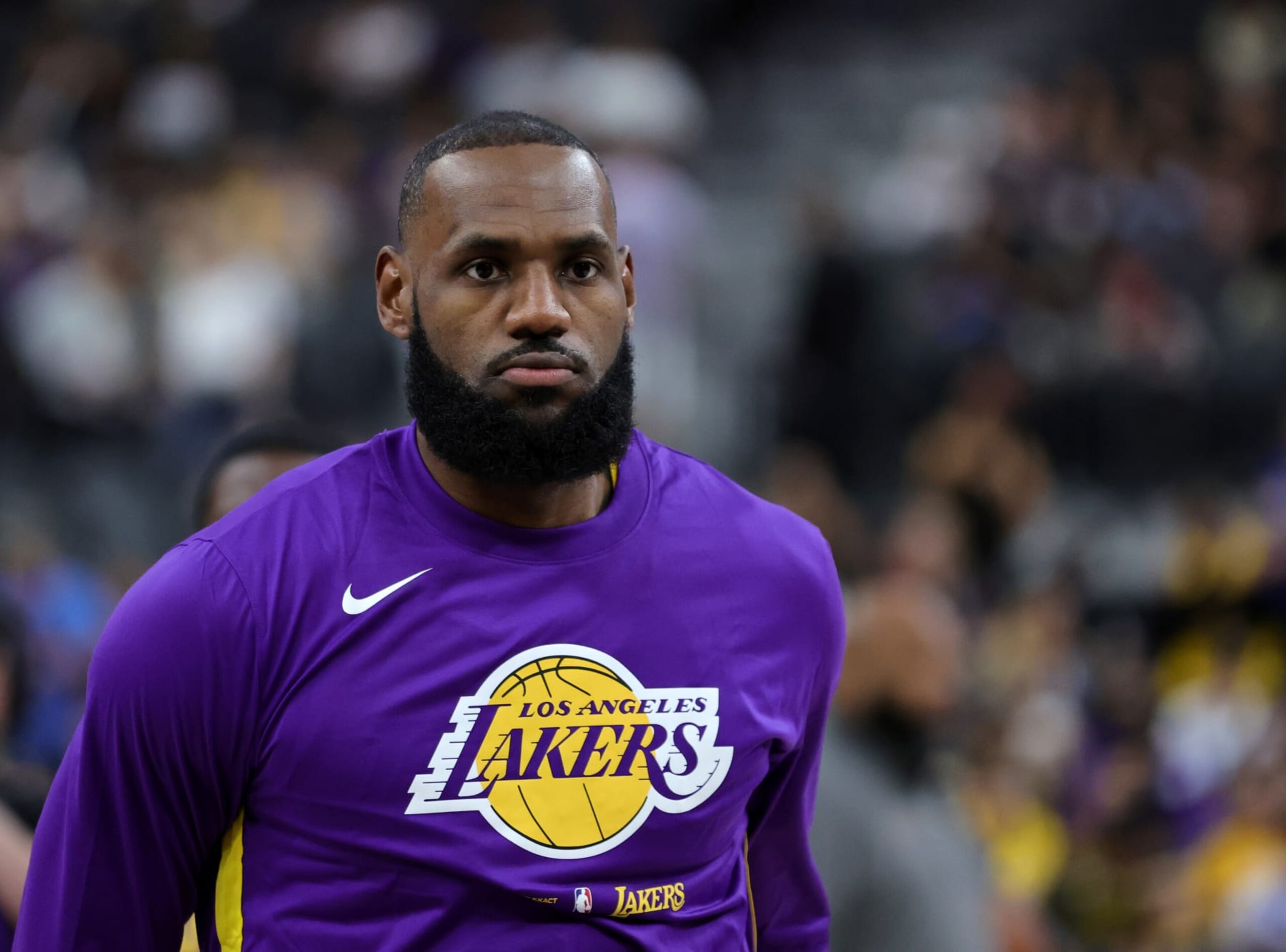 LAS VEGAS, NEVADA - OCTOBER 05: LeBron James #6 of the Los Angeles Lakers warms up before a preseason game against the Phoenix Suns at T-Mobile Arena on October 05, 2022 in Las Vegas, Nevada. The Suns defeated the Lakers 119-115. NOTE TO USER: User expressly acknowledges and agrees that, by downloading and or using this photograph, User is consenting to the terms and conditions of the Getty Images License Agreement. (Photo by Ethan Miller/Getty Images)