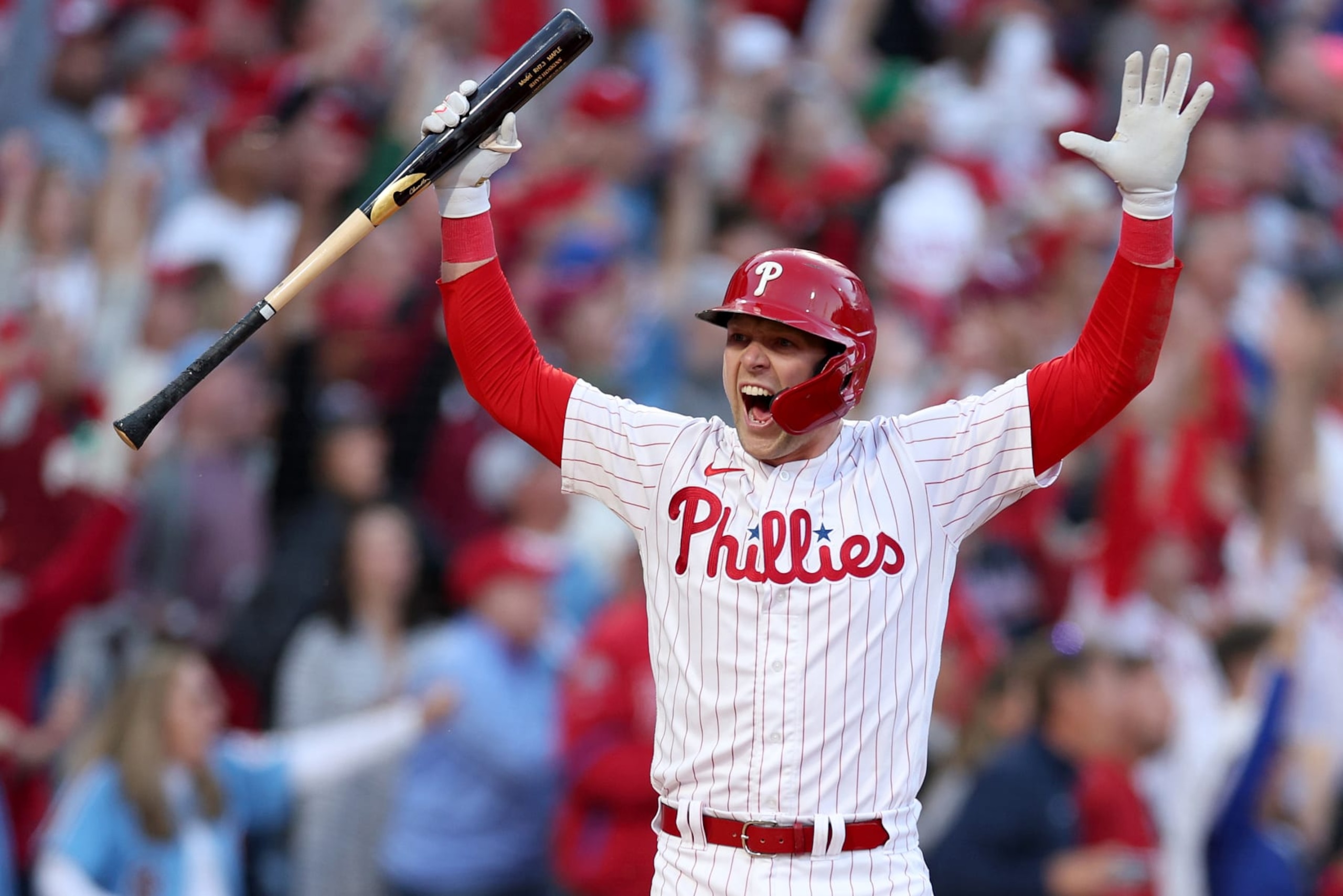 PHILADELPHIA, PENNSYLVANIA - OCTOBER 14: Rhys Hoskins #17 of the Philadelphia Phillies celebrates after hitting a two run home run against Spencer Strider #65 of the Atlanta Braves during the third inning in game three of the National League Division Series at Citizens Bank Park on October 14, 2022 in Philadelphia, Pennsylvania. (Photo by Patrick Smith/Getty Images)