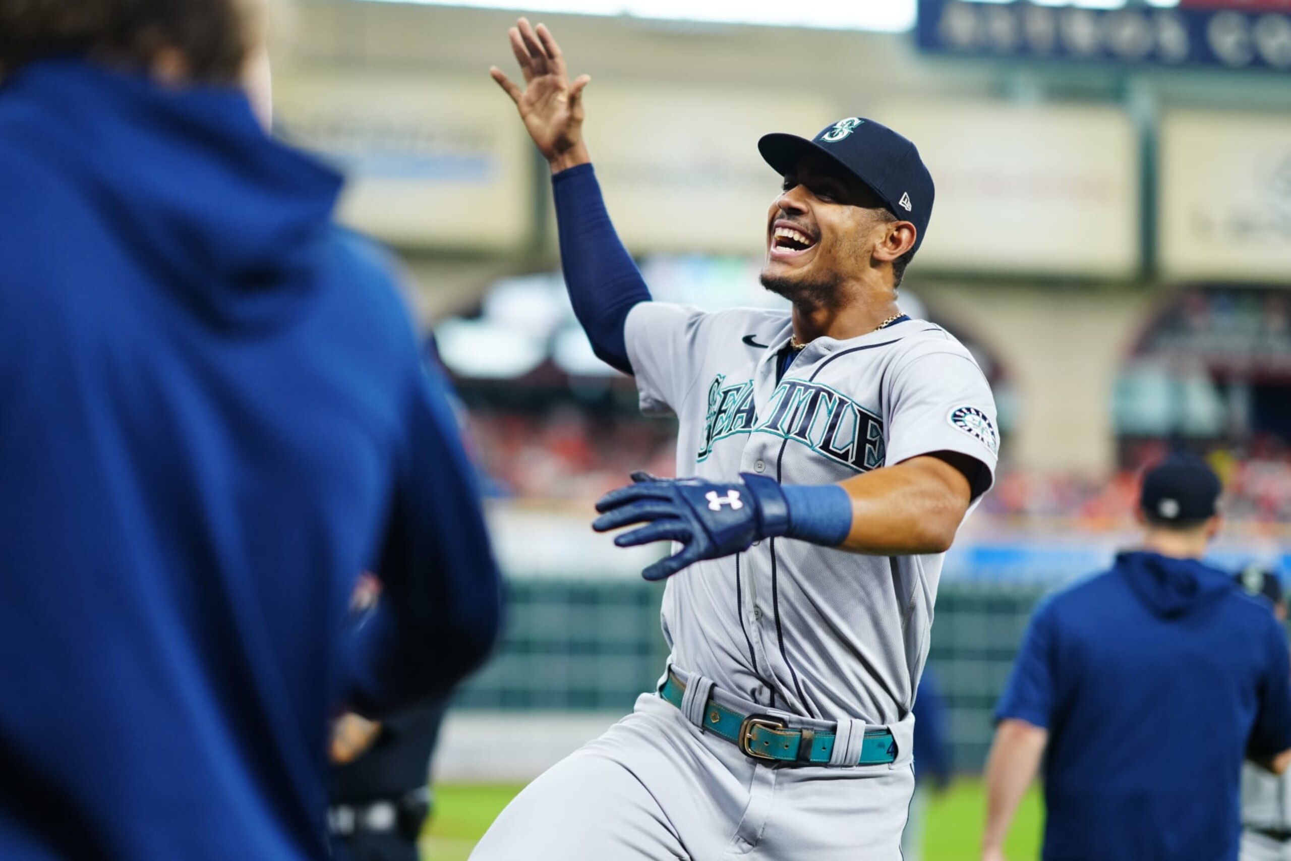 HOUSTON, TX - OCTOBER 13: Julio Rodríguez #44 of the Seattle Mariners reacts during player introductions prior to the game between the Seattle Mariners and the Houston Astros at Minute Maid Park on Thursday, October 13, 2022 in Houston, Texas. (Photo by Daniel Shirey/MLB Photos via Getty Images)
