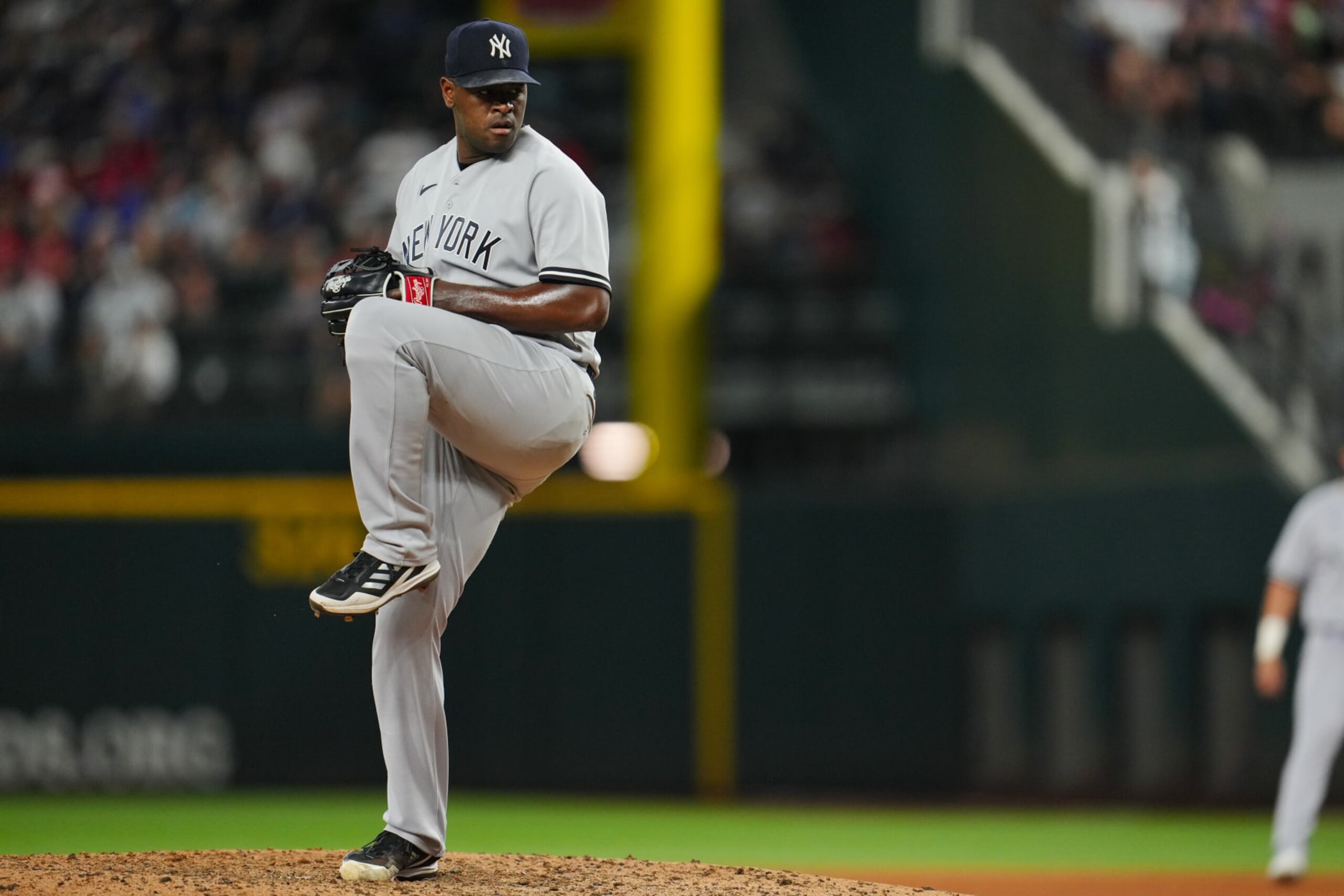 ARLINGTON, TX - OCTOBER 03: Luis Severino #40 of the New York Yankees pitches in the seventh inning during the game between the New York Yankees and the Texas Rangers at Globe Life Field on Monday, October 3, 2022 in Arlington, Texas. (Photo by Cooper Neill/MLB Photos via Getty Images)