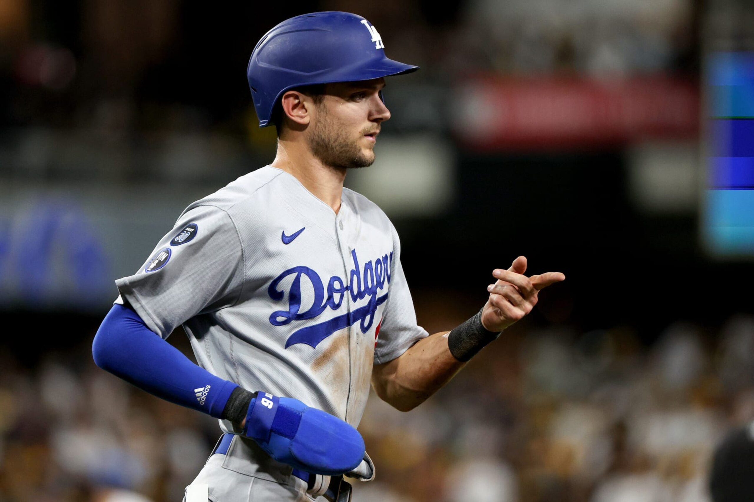 SAN DIEGO, CALIFORNIA - OCTOBER 14: Trea Turner #6 of the Los Angeles Dodgers looks on against the San Diego Padres 
during the eighth inning in game three of the National League Division Series at PETCO Park on October 14, 2022 in San Diego, California. (Photo by Harry How/Getty Images)