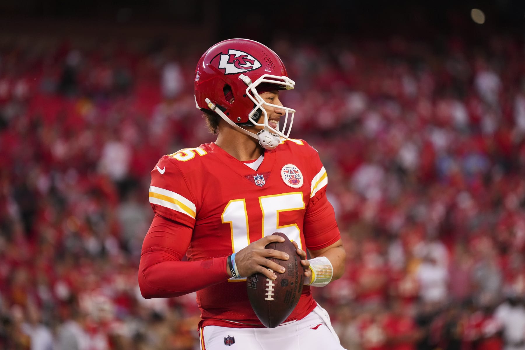 KANSAS CITY, MO - OCTOBER 10: Patrick Mahomes #15 of the Kansas City Chiefs looks to pass against the Las Vegas Raiders at GEHA Field at Arrowhead Stadium on October 10, 2022 in Kansas City, Missouri. (Photo by Cooper Neill/Getty Images)