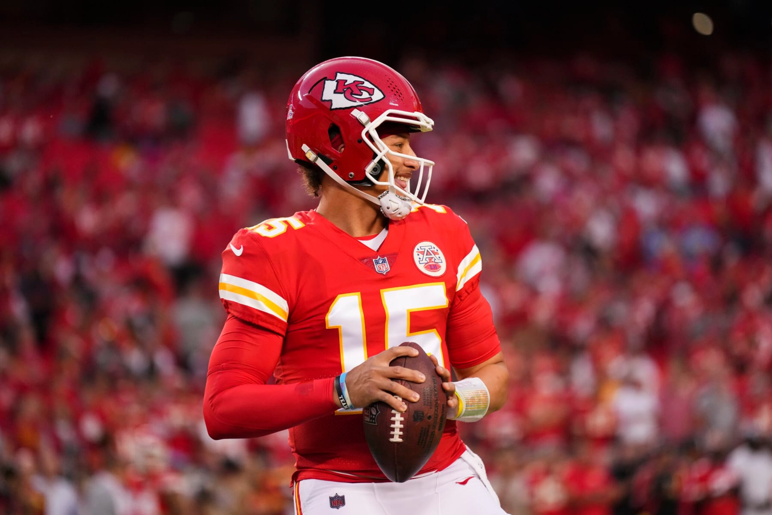 KANSAS CITY, MO - OCTOBER 10: Patrick Mahomes #15 of the Kansas City Chiefs looks to pass against the Las Vegas Raiders at GEHA Field at Arrowhead Stadium on October 10, 2022 in Kansas City, Missouri. (Photo by Cooper Neill/Getty Images)