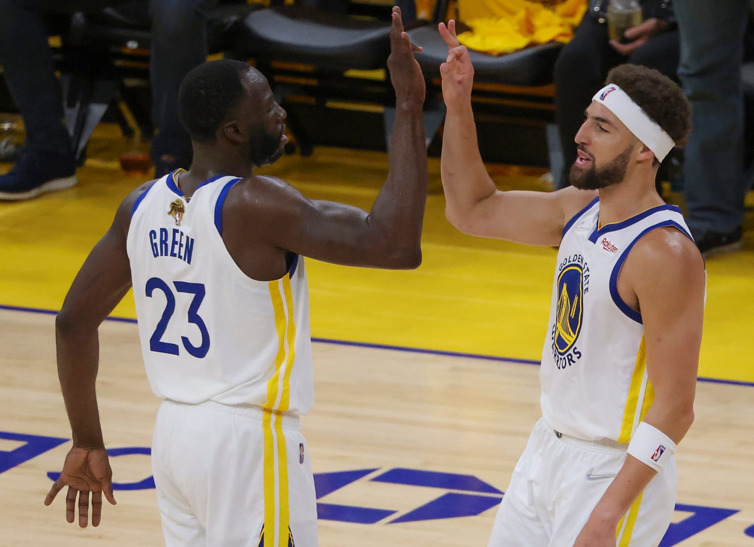 San Francisco - June 5: Golden State Warriors forward Draymond Green (23) celebrates teammate guard Klay Thompson (11) three point basket against the Boston Celtics during third quarter action. The Boston Celtics visit the Golden State Warriors for Game 2 of the NBA Finals at the Chase Center in San Francisco, CA on June 5, 2022. (Photo by Matthew J. Lee/The Boston Globe via Getty Images) San Francisco - June 5: Golden State Warriors forward Draymond Green (23) celebrates teammate guard Klay Thompson (11) three point basket against the Boston Celtics during third quarter action. The Boston Celtics visit the Golden State Warriors for Game 2 of the NBA Finals at the Chase Center in San Francisco, CA on June 5, 2022. (Photo by Matthew J. Lee/The Boston Globe via Getty Images)