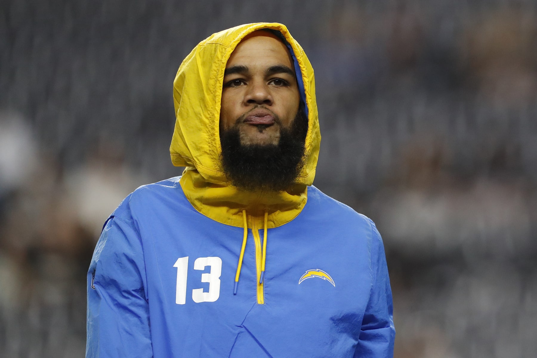 LAS VEGAS, NEVADA - JANUARY 09: Keenan Allen #13 of the Los Angeles Chargers warms up before playing against the Las Vegas Raiders at Allegiant Stadium on January 09, 2022 in Las Vegas, Nevada. (Photo by Steve Marcus/Getty Images)