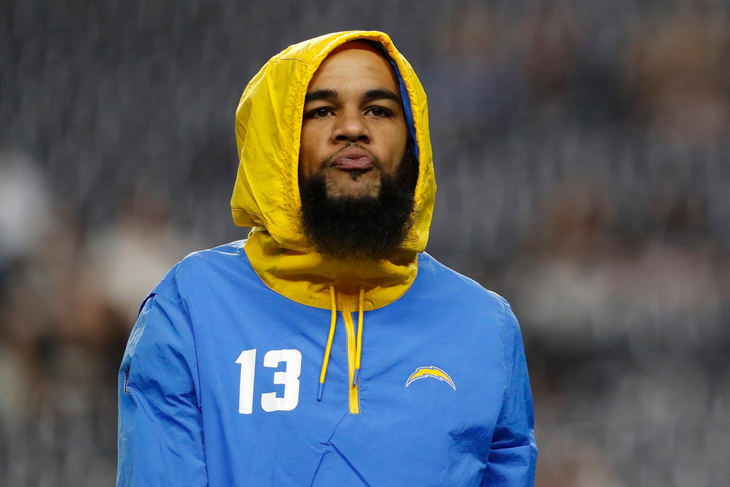 LAS VEGAS, NEVADA - JANUARY 09: Keenan Allen #13 of the Los Angeles Chargers warms up before playing against the Las Vegas Raiders at Allegiant Stadium on January 09, 2022 in Las Vegas, Nevada. (Photo by Steve Marcus/Getty Images)