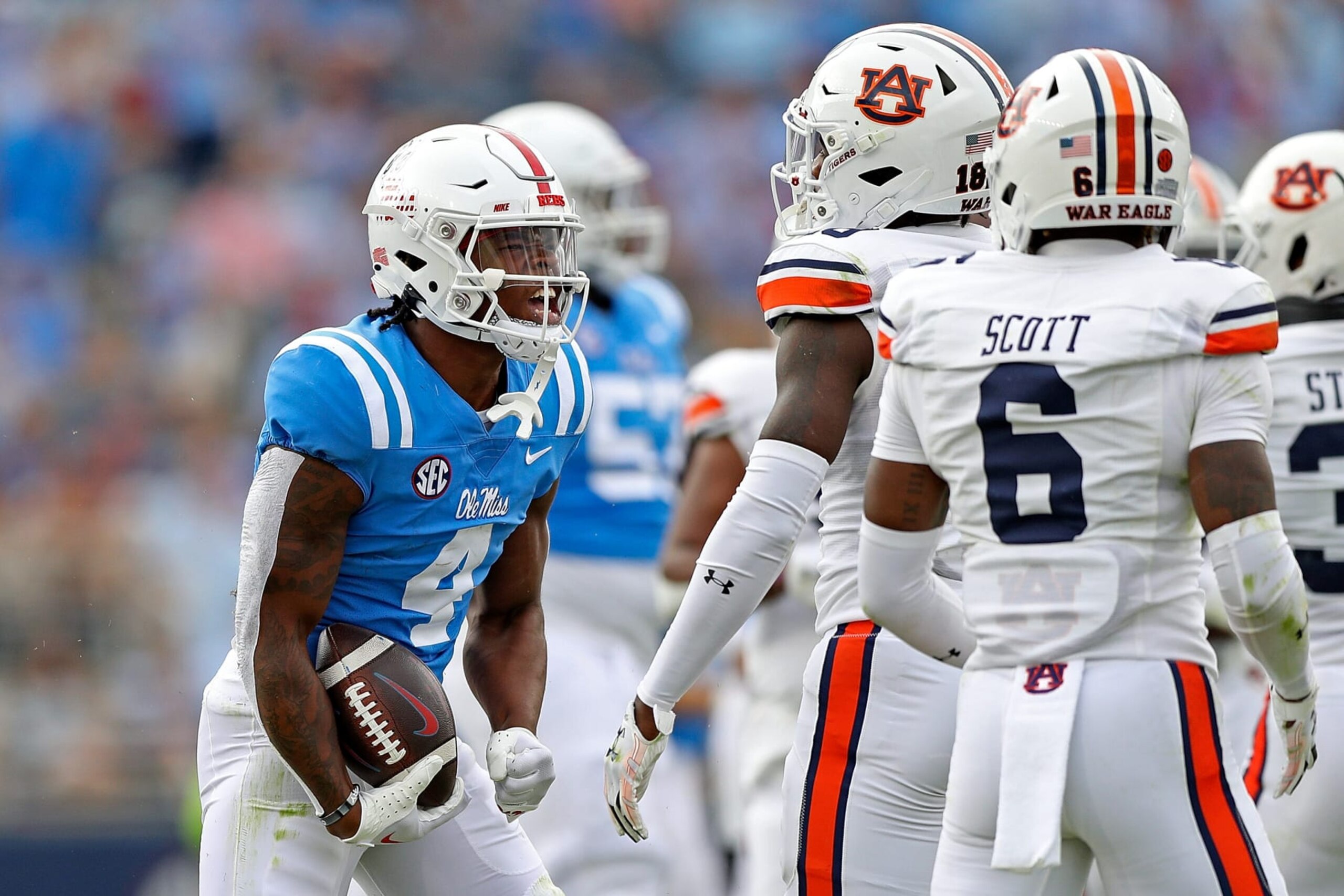 OXFORD, MISSISSIPPI - OCTOBER 15: Quinshon Judkins #4 of the Mississippi Rebels reacts during the game against the Auburn Tigers at Vaught-Hemingway Stadium on October 15, 2022 in Oxford, Mississippi. (Photo by Justin Ford/Getty Images)