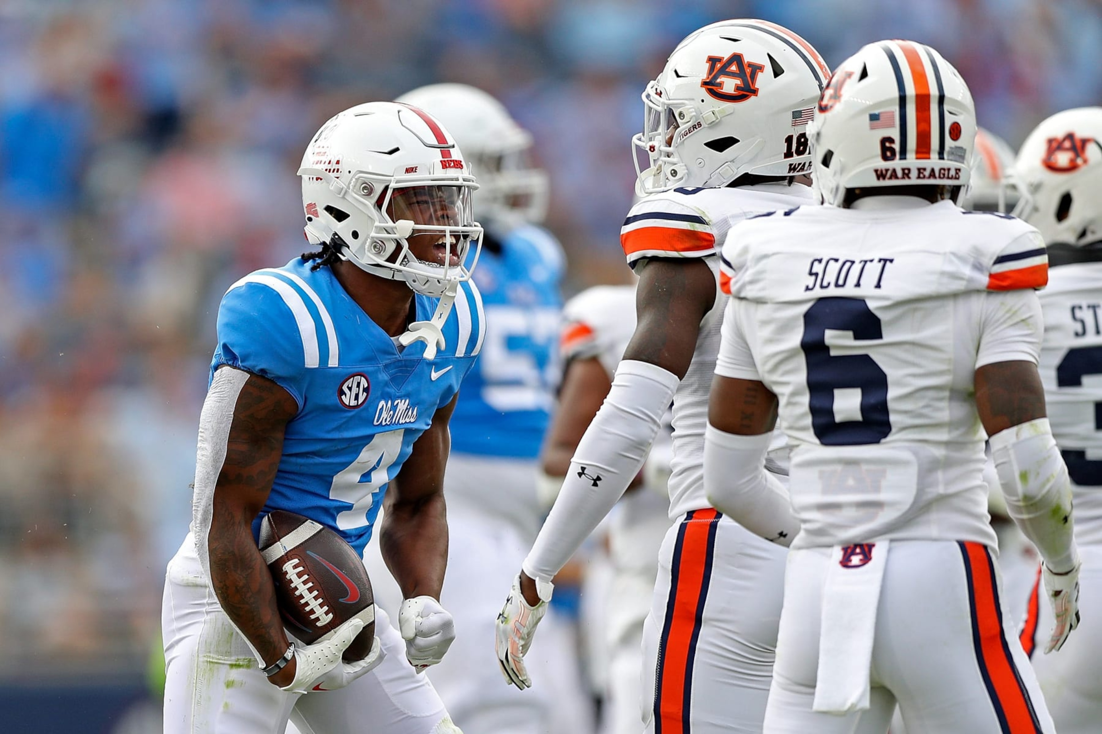 OXFORD, MISSISSIPPI - OCTOBER 15: Quinshon Judkins #4 of the Mississippi Rebels reacts during the game against the Auburn Tigers at Vaught-Hemingway Stadium on October 15, 2022 in Oxford, Mississippi. (Photo by Justin Ford/Getty Images)