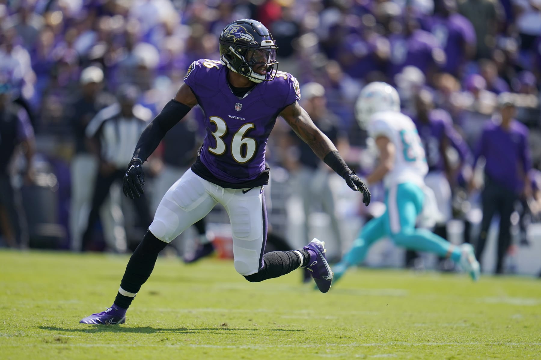 Baltimore Ravens safety Chuck Clark (36) runs on the field during the first half of an NFL football game against the Miami Dolphins, Sunday, Sept. 18, 2022, in Baltimore. (AP Photo/Julio Cortez)