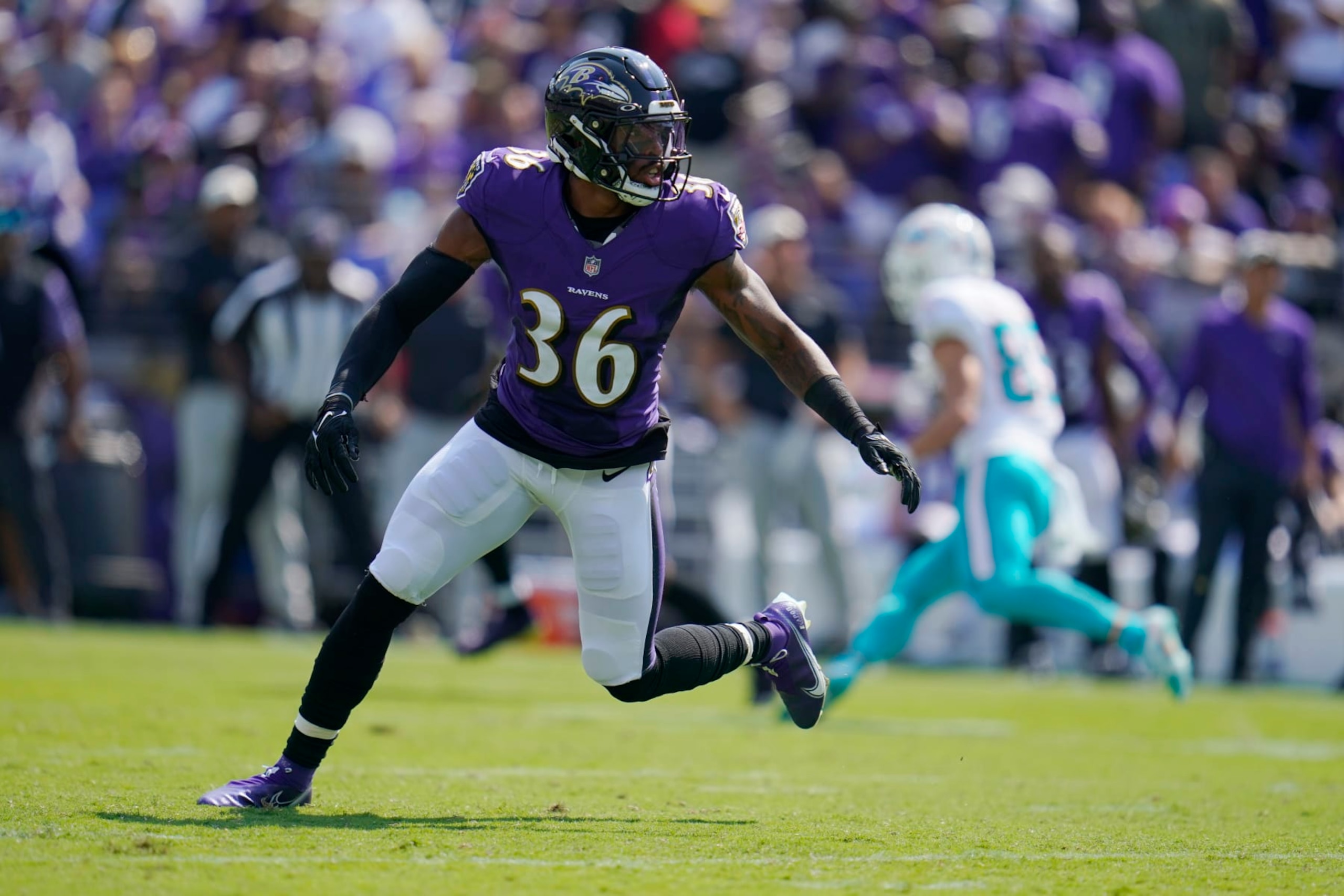 Baltimore Ravens safety Chuck Clark (36) runs on the field during the first half of an NFL football game against the Miami Dolphins, Sunday, Sept. 18, 2022, in Baltimore. (AP Photo/Julio Cortez)