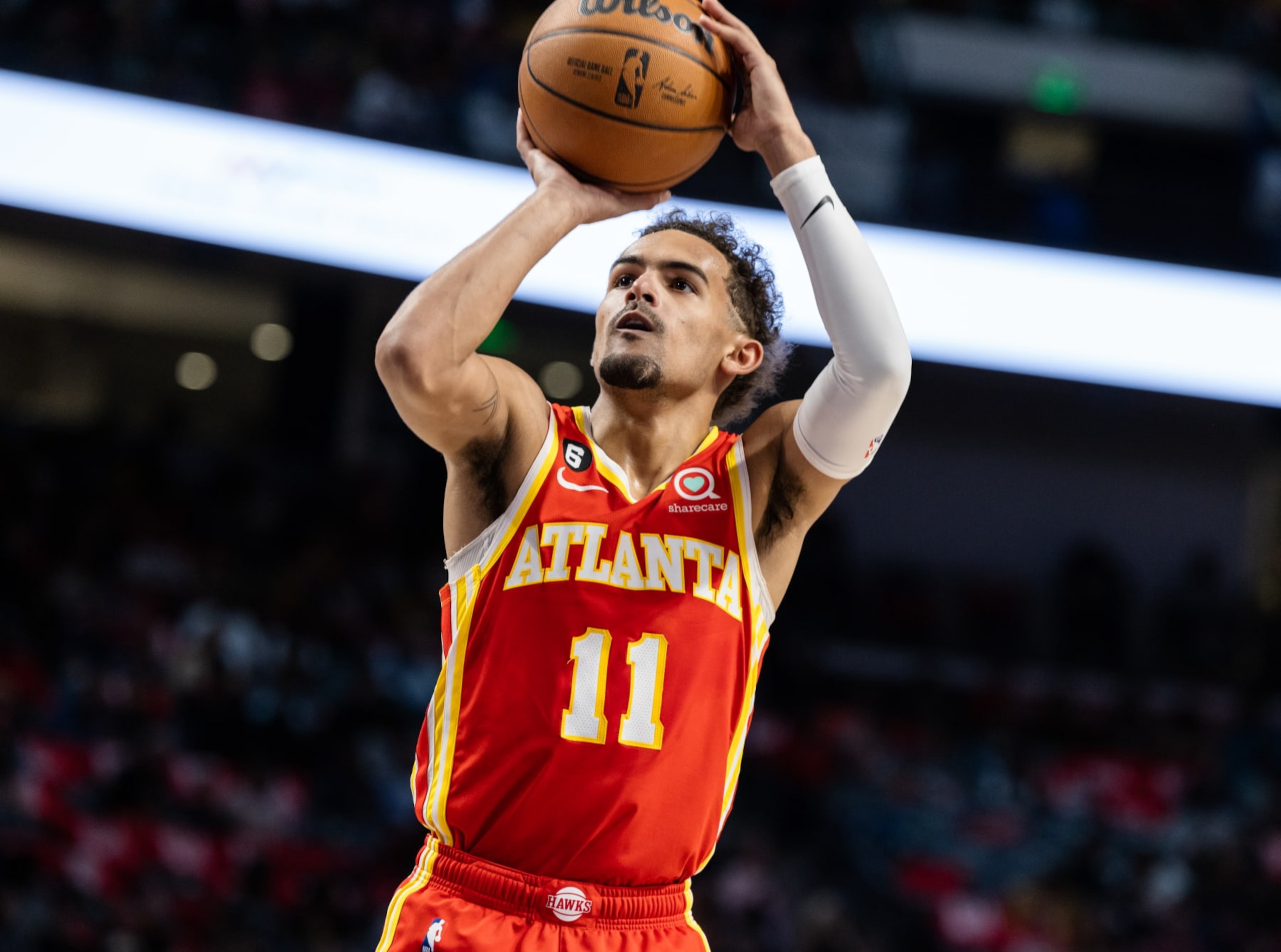 BIRMINGHAM, AL - OCTOBER 14: Trae Young #11 of the Atlanta Hawks shoots first quarter against the New Orleans Pelicans on October 14, 2022 at Legacy Arena Center in Birmingham, AL. NOTE TO USER: User expressly acknowledges and agrees that, by downloading and or using this photograph, user is consenting to the terms and conditions of Getty Images License Agreement. Mandatory Copyright Notice: Copyright 2022 NBAE (Photo by Mercedes Oliver/NBAE via Getty Images)