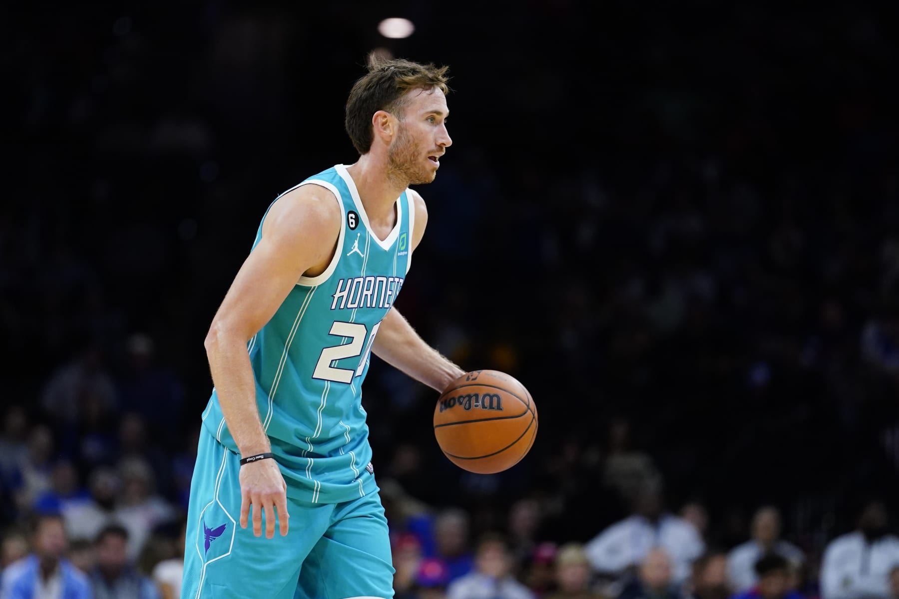 Charlotte Hornets' Gordon Hayward plays during a preseason NBA basketball game, Wednesday, Oct. 12, 2022, in Philadelphia. (AP Photo/Matt Slocum)