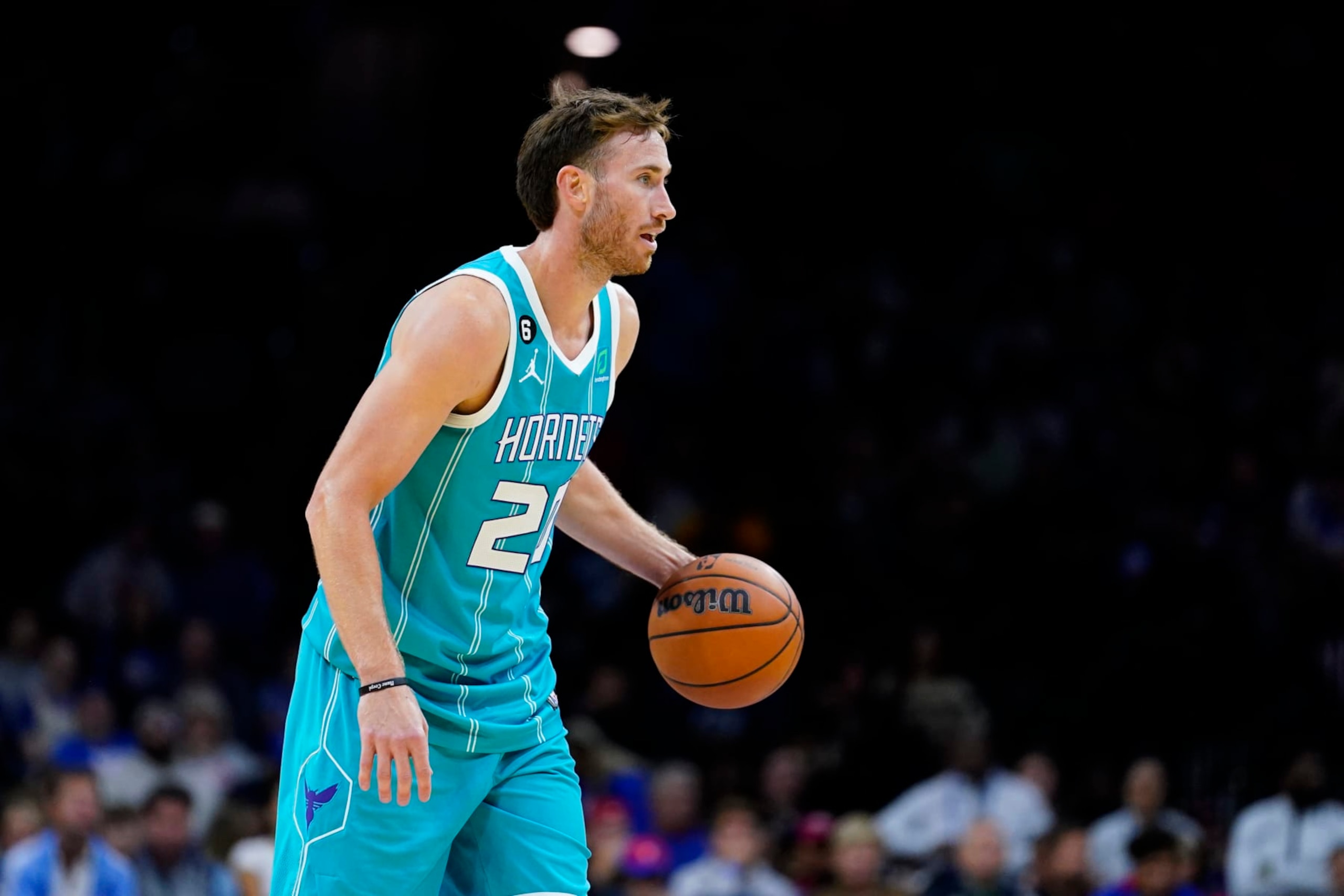 Charlotte Hornets' Gordon Hayward plays during a preseason NBA basketball game, Wednesday, Oct. 12, 2022, in Philadelphia. (AP Photo/Matt Slocum)