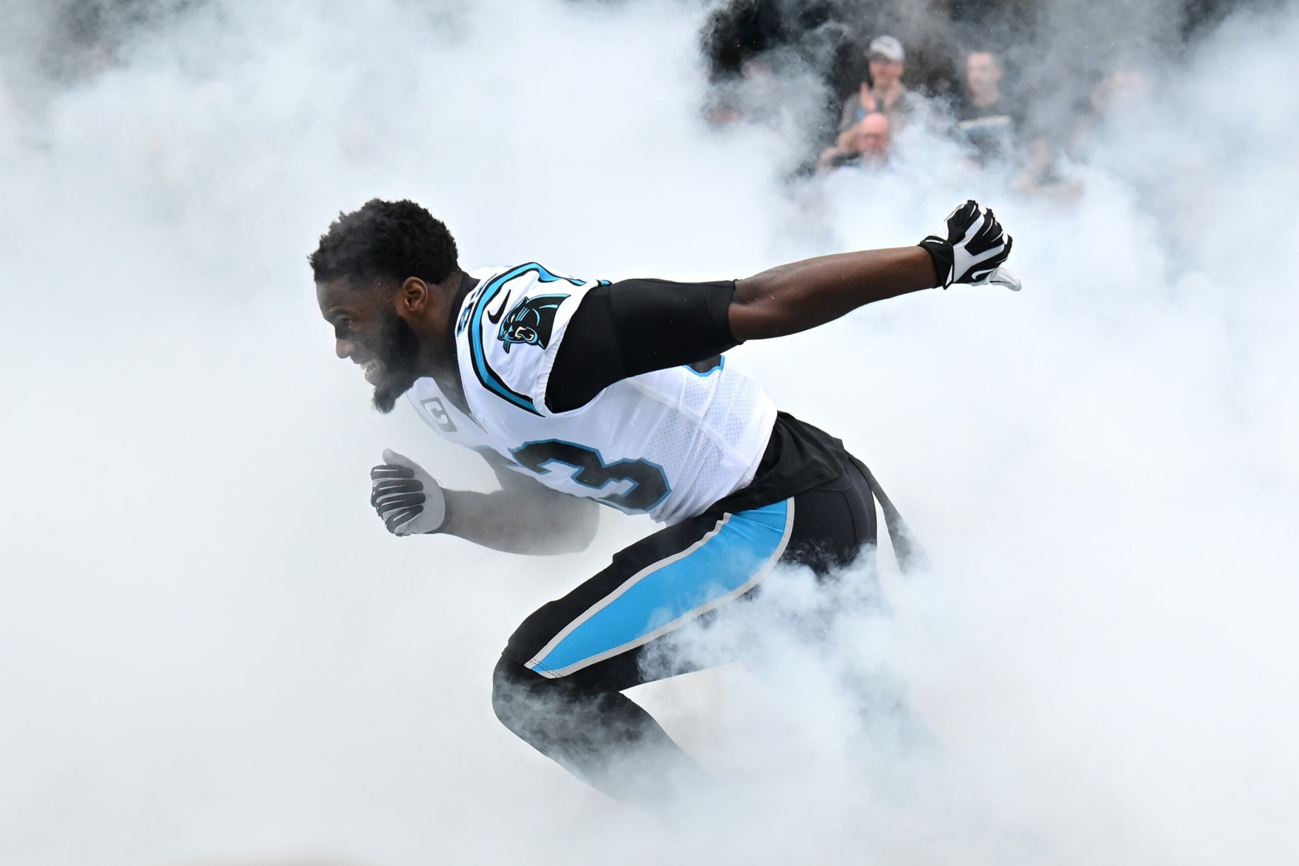 CHARLOTTE, NORTH CAROLINA - SEPTEMBER 25: Brian Burns #53 of the Carolina Panthers during player introductions before the game against the New Orleans Saints at Bank of America Stadium on September 25, 2022 in Charlotte, North Carolina. (Photo by Grant Halverson/Getty Images)