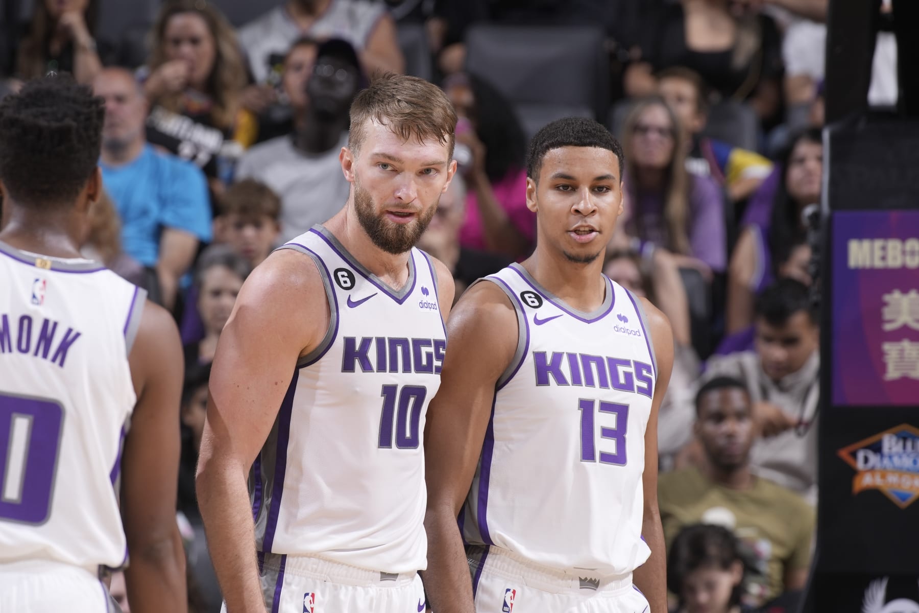 SACRAMENTO, CA - OCTOBER 9: Domantas Sabonis #10 and Keegan Murray #13 of the Sacramento Kings face the Portland Trail Blazers on October 9, 2022 at Golden 1 Center in Sacramento, California. NOTE TO USER: User expressly acknowledges and agrees that, by downloading and or using this photograph, User is consenting to the terms and conditions of the Getty Images Agreement. Mandatory Copyright Notice: Copyright 2022 NBAE (Photo by Rocky Widner/NBAE via Getty Images)