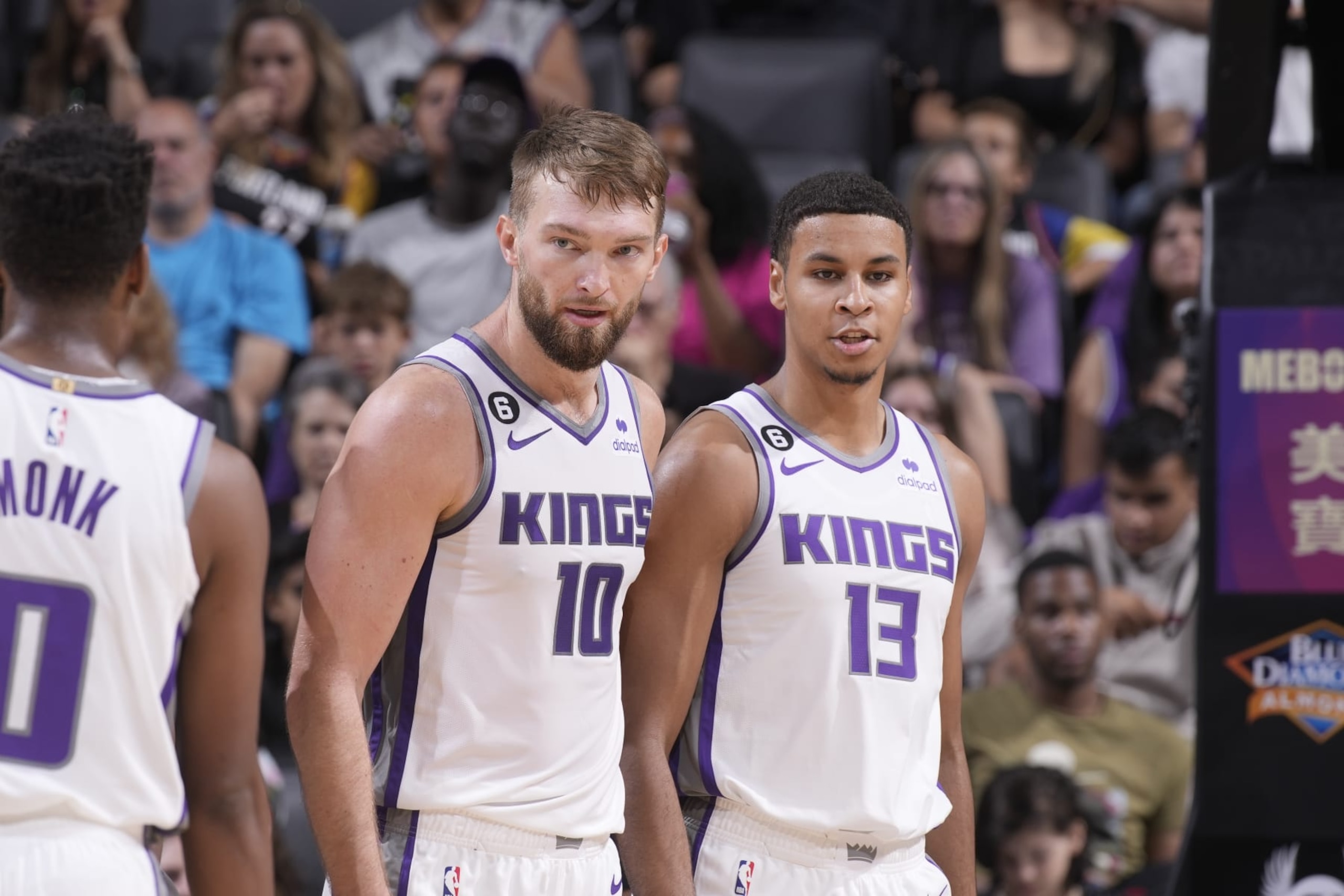 SACRAMENTO, CA - OCTOBER 9: Domantas Sabonis #10 and Keegan Murray #13 of the Sacramento Kings face the Portland Trail Blazers on October 9, 2022 at Golden 1 Center in Sacramento, California. NOTE TO USER: User expressly acknowledges and agrees that, by downloading and or using this photograph, User is consenting to the terms and conditions of the Getty Images Agreement. Mandatory Copyright Notice: Copyright 2022 NBAE (Photo by Rocky Widner/NBAE via Getty Images)