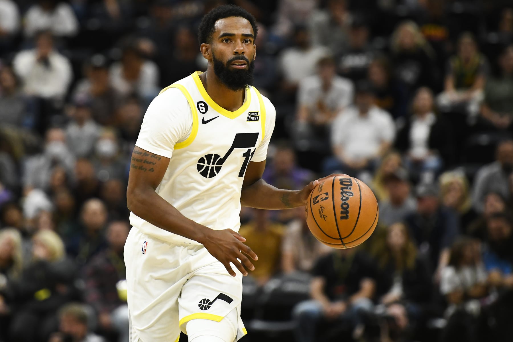 SALT LAKE CITY, UTAH - OCTOBER 14: Mike Conley #11 of the Utah Jazz in action during a preseason game against the Dallas Mavericks at Vivint Arena on October 14, 2022 in Salt Lake City, Utah. NOTE TO USER: User expressly acknowledges and agrees that, by downloading and or using this photograph, User is consenting to the terms and conditions of the Getty Images License Agreement. (Photo by Alex Goodlett/Getty Images)