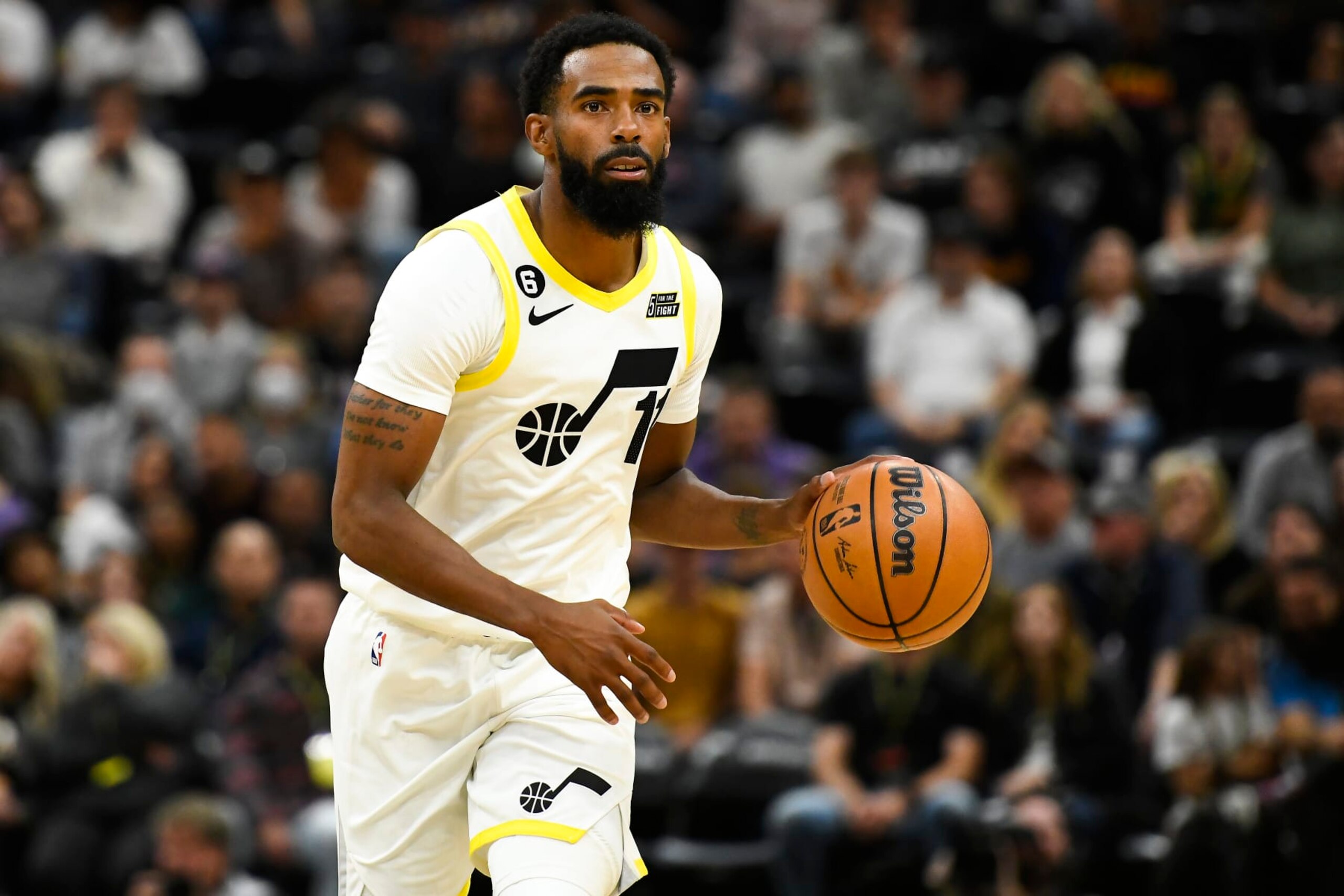 SALT LAKE CITY, UTAH - OCTOBER 14: Mike Conley #11 of the Utah Jazz in action during a preseason game against the Dallas Mavericks at Vivint Arena on October 14, 2022 in Salt Lake City, Utah. NOTE TO USER: User expressly acknowledges and agrees that, by downloading and or using this photograph, User is consenting to the terms and conditions of the Getty Images License Agreement. (Photo by Alex Goodlett/Getty Images)
