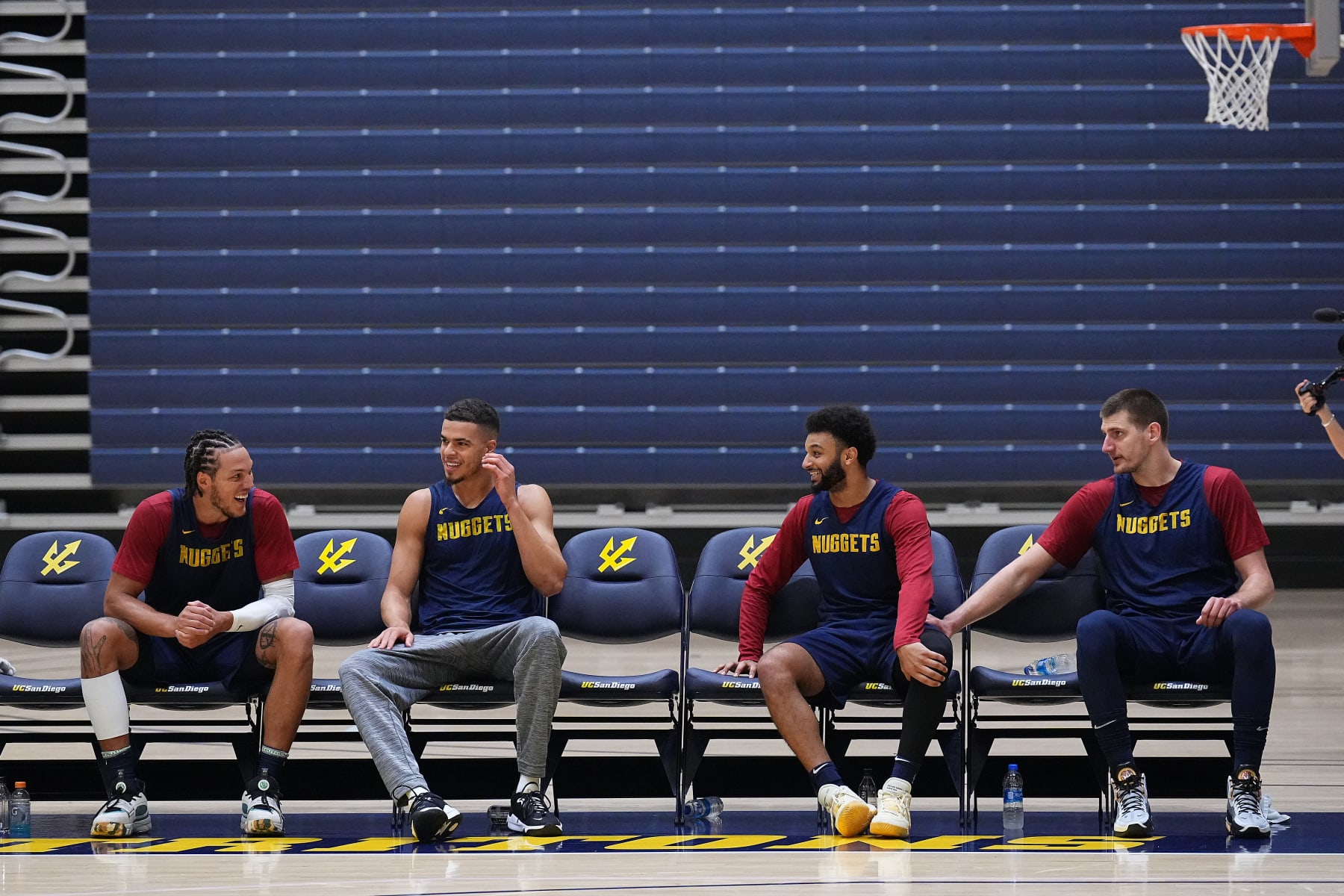 SAN DIEGO, CA - SEPTEMBER 28: Aaron Gordon #50, Michael Porter Jr. #1, Jamal Murray #27 and Nikola Jokic #15 of the Denver Nuggets look on during training camp on September 28, 2022 at LionTree Arena on the University of California San Diego campus in San Diego, California. NOTE TO USER: User expressly acknowledges and agrees that, by downloading and/or using this Photograph, user is consenting to the terms and conditions of the Getty Images License Agreement. Mandatory Copyright Notice: Copyright 2022 NBAE (Photo by Garrett W. Ellwood/NBAE via Getty Images)