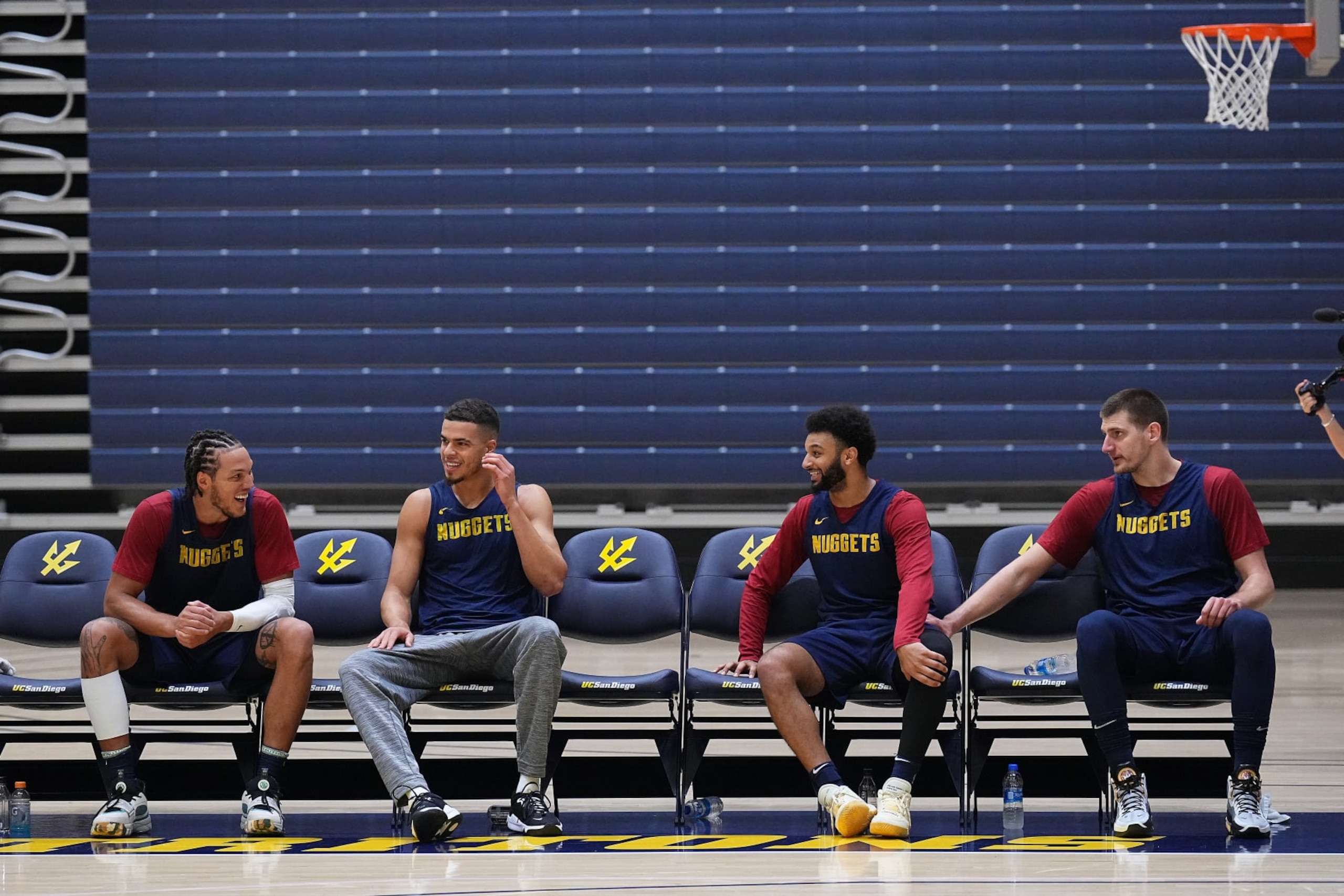 SAN DIEGO, CA - SEPTEMBER 28: Aaron Gordon #50, Michael Porter Jr. #1, Jamal Murray #27 and Nikola Jokic #15 of the Denver Nuggets look on during training camp on September 28, 2022 at LionTree Arena on the University of California San Diego campus in San Diego, California. NOTE TO USER: User expressly acknowledges and agrees that, by downloading and/or using this Photograph, user is consenting to the terms and conditions of the Getty Images License Agreement. Mandatory Copyright Notice: Copyright 2022 NBAE (Photo by Garrett W. Ellwood/NBAE via Getty Images)