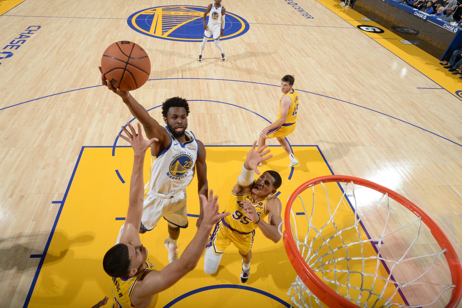 SAN FRANCISCO, CA - OCTOBER 9: Andrew Wiggins #22 of the Golden State Warriors drives to the basket during the game against the Los Angeles Lakers on October 9, 2022 at Chase Center in San Francisco, California. NOTE TO USER: User expressly acknowledges and agrees that, by downloading and or using this photograph, user is consenting to the terms and conditions of Getty Images License Agreement. Mandatory Copyright Notice: Copyright 2022 NBAE (Photo by Noah Graham/NBAE via Getty Images)