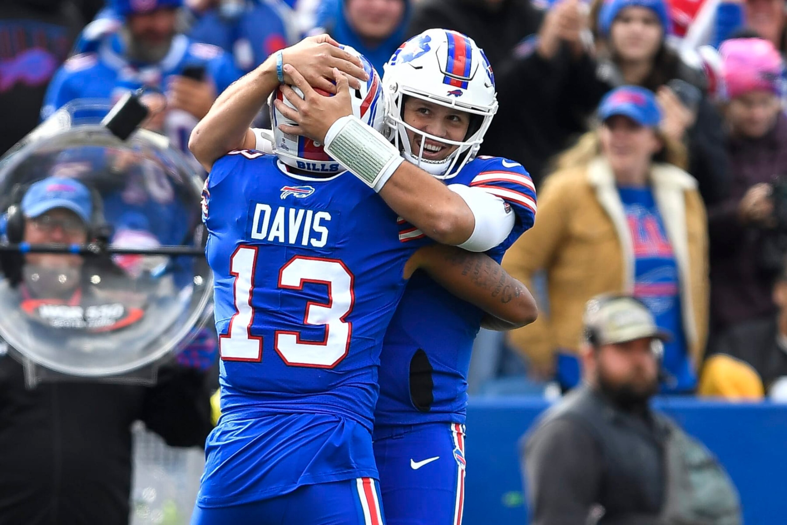 Buffalo Bills wide receiver Gabe Davis (13) celebrates with quarterback Josh Allen (17) after scoring a touchdown against the Pittsburgh Steelers during the first half of an NFL football game in Orchard Park, N.Y., Sunday, Oct. 9, 2022. (AP Photo/Adrian Kraus)