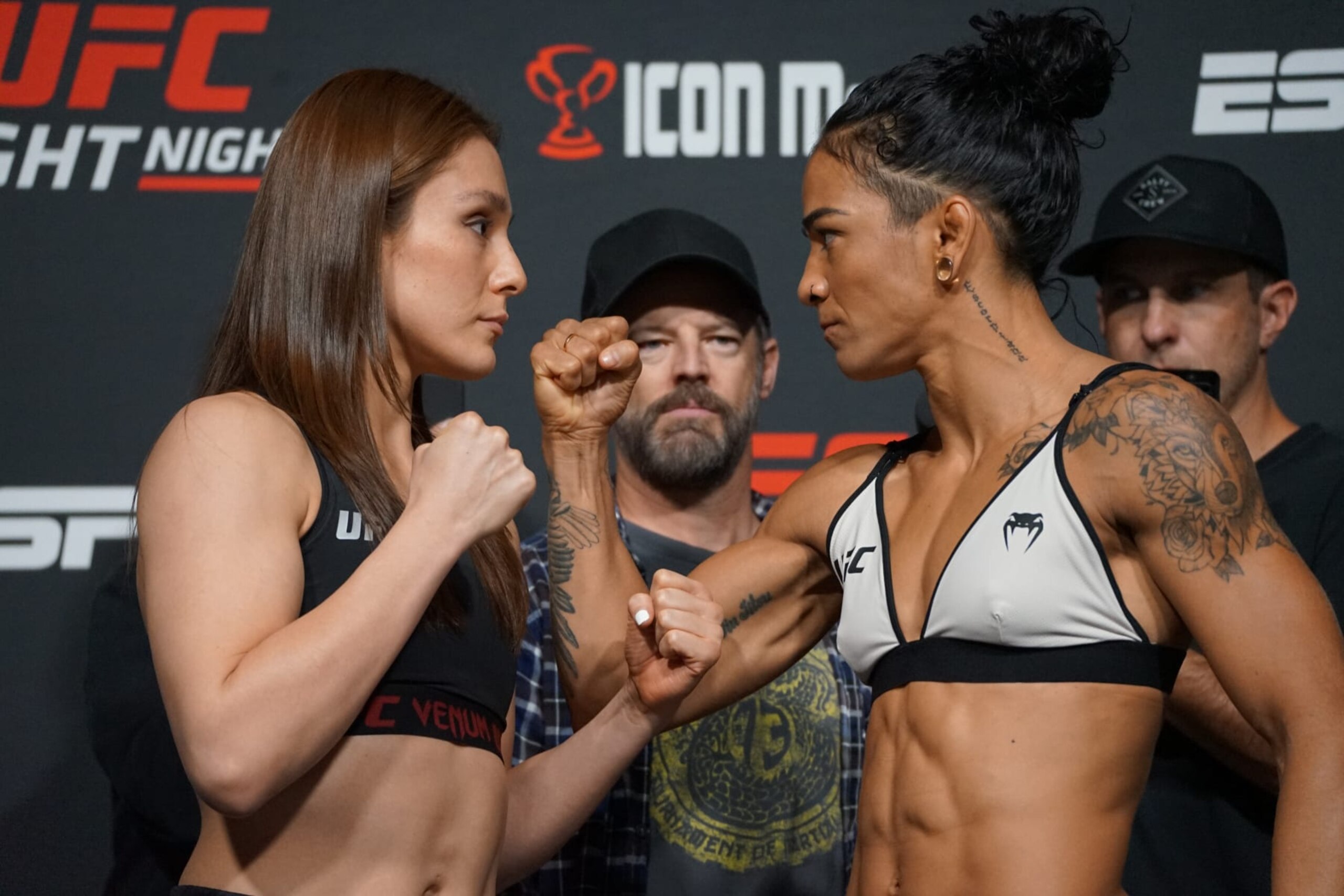 LAS VEGAS, NV- OCTOBER 14: Viviane Araujo (L) vs. Alexa Grasso (R) face-off for the first time ahead of their UFC Vegas 62 bout on October 14, 2022, at the UFC APEX in Las Vegas, NV (Photo by Amy Kaplan/Icon Sportswire via Getty Images)