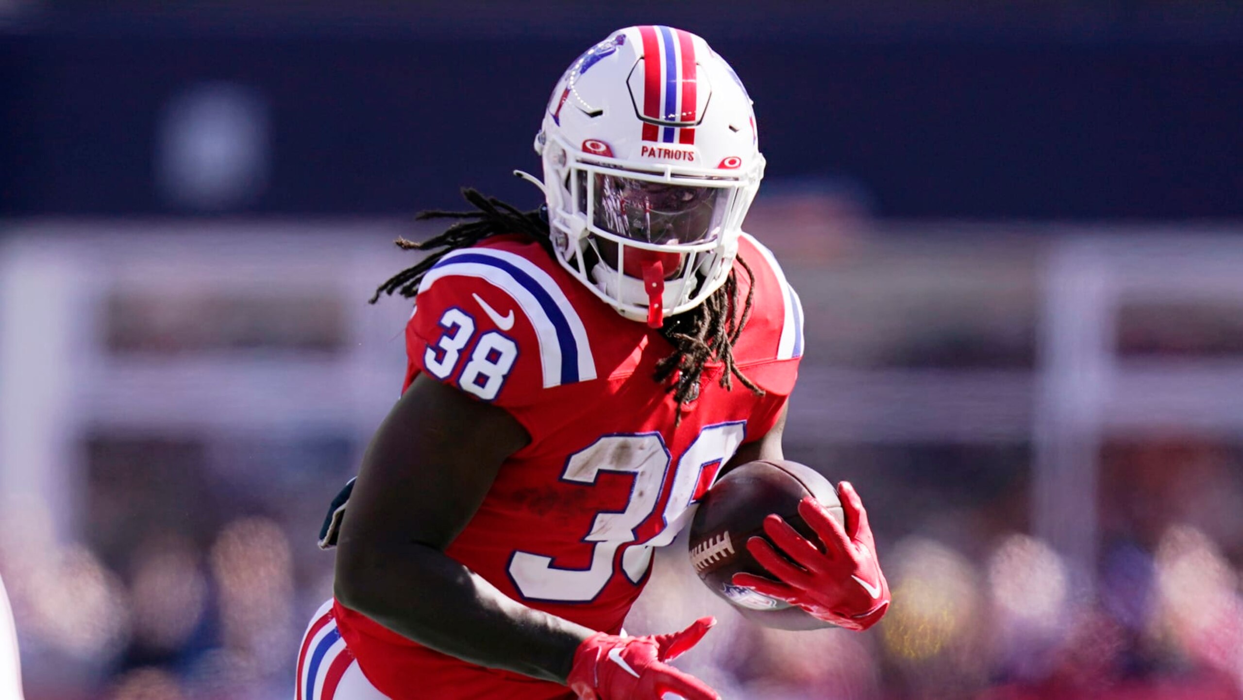 New England Patriots running back Rhamondre Stevenson (38) during an NFL football game, Sunday, Oct. 9, 2022, in Foxborough, Mass. (AP Photo/Charles Krupa)