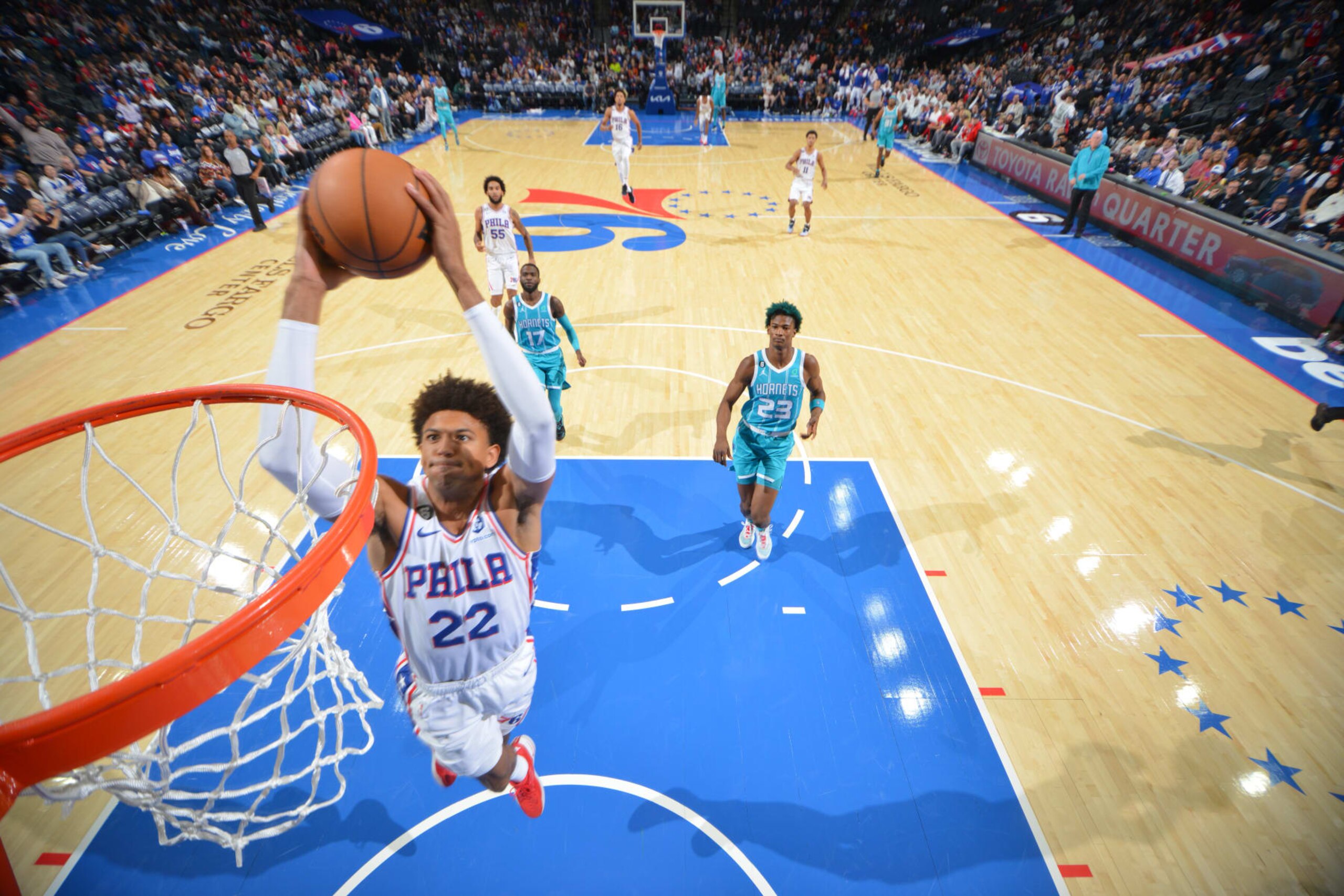 PHILADELPHIA, PA - OCTOBER 12: Matisse Thybulle #22 of the Philadelphia 76ers dunks the ball against the Charlotte Hornets during a preseason game on October 12, 2022 at the Wells Fargo Center in Philadelphia, Pennsylvania NOTE TO USER: User expressly acknowledges and agrees that, by downloading and/or using this Photograph, user is consenting to the terms and conditions of the Getty Images License Agreement. Mandatory Copyright Notice: Copyright 2022 NBAE (Photo by Jesse D. Garrabrant/NBAE via Getty Images) PHILADELPHIA, PA - OCTOBER 12: Matisse Thybulle #22 of the Philadelphia 76ers dunks the ball against the Charlotte Hornets during a preseason game on October 12, 2022 at the Wells Fargo Center in Philadelphia, Pennsylvania NOTE TO USER: User expressly acknowledges and agrees that, by downloading and/or using this Photograph, user is consenting to the terms and conditions of the Getty Images License Agreement. Mandatory Copyright Notice: Copyright 2022 NBAE (Photo by Jesse D. Garrabrant/NBAE via Getty Images)