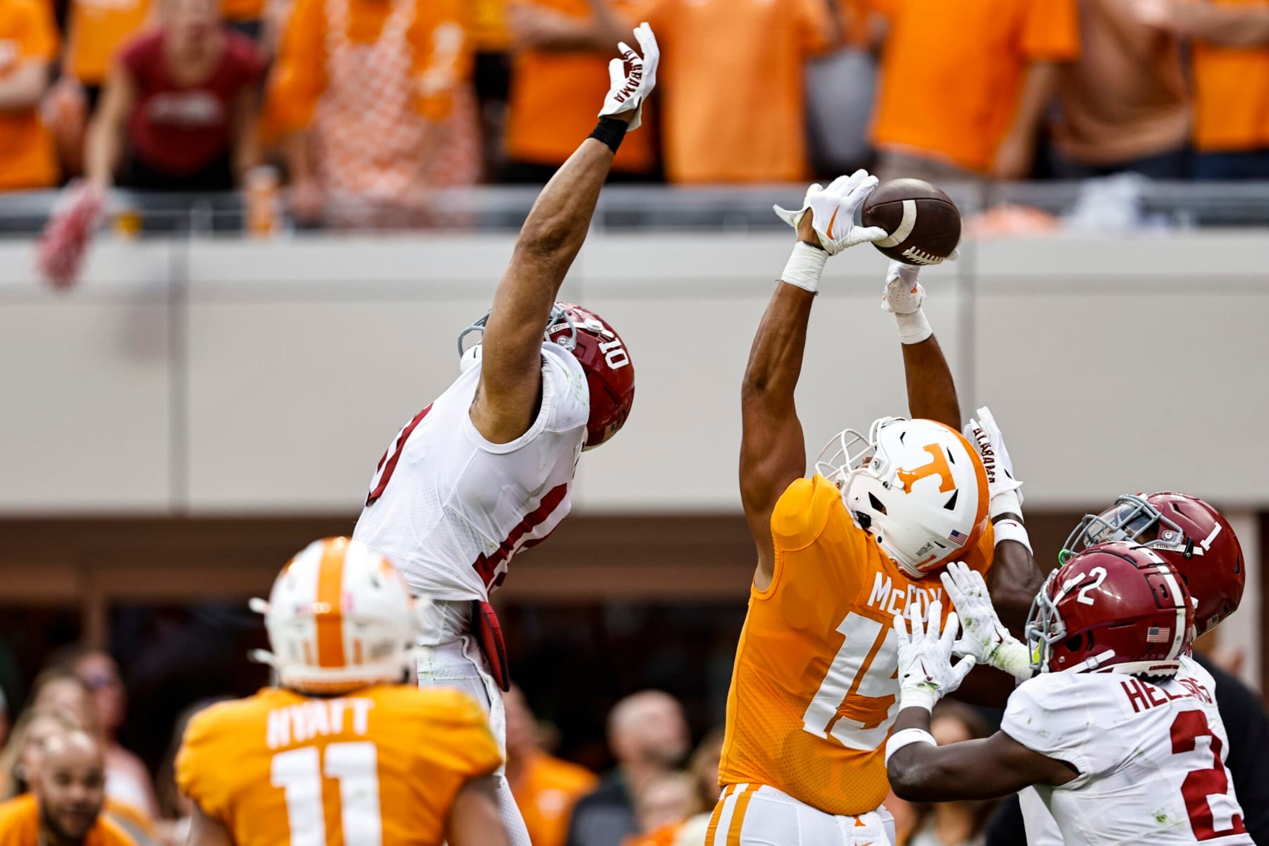 Tennessee wide receiver Bru McCoy (15) tries to catch a Hail Mary pass during the first half of an NCAA college football game against Alabama Saturday, Oct. 15, 2022, in Knoxville, Tenn. (AP Photo/Wade Payne)