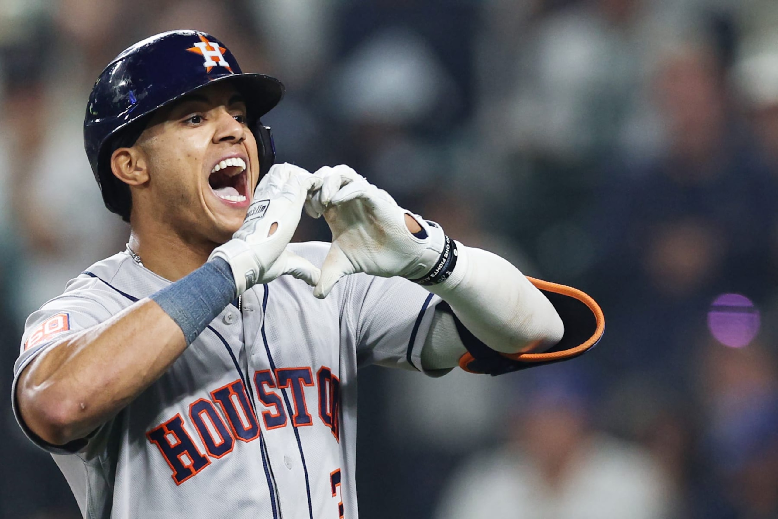 SEATTLE, WASHINGTON - OCTOBER 15: Jeremy Pena #3 of the Houston Astros reacts after hitting a solo home run during the eighteenth inning against the Seattle Mariners in game three of the American League Division Series at T-Mobile Park on October 15, 2022 in Seattle, Washington. (Photo by Rob Carr/Getty Images)