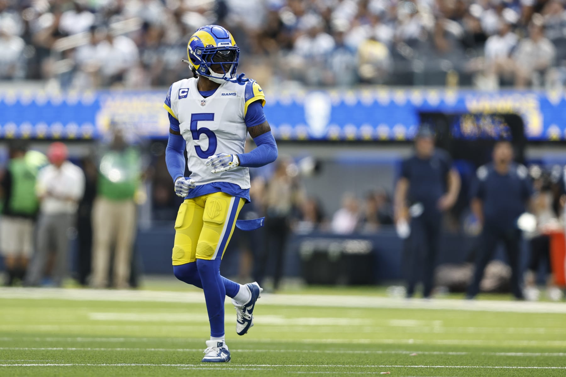 INGLEWOOD, CALIFORNIA - OCTOBER 09: Jalen Ramsey #5 of the Los Angeles Rams runs during an NFL football game between the Los Angeles Rams and the Dallas Cowboys at SoFi Stadium on October 09, 2022 in Inglewood, California. (Photo by Michael Owens/Getty Images)