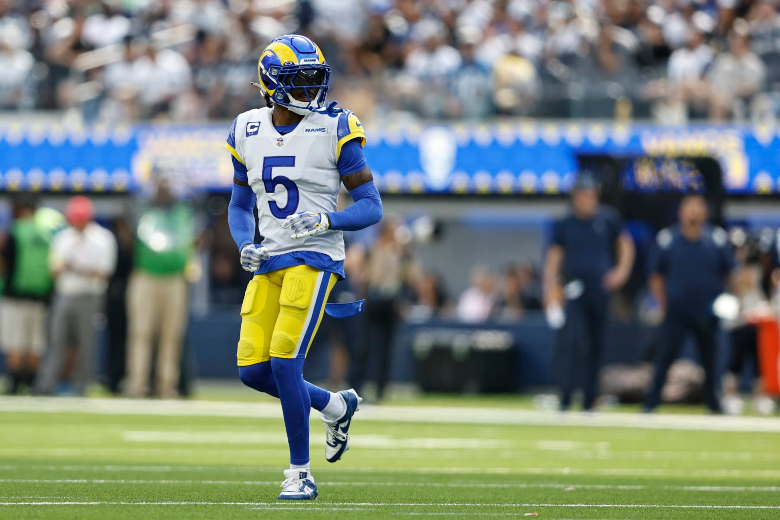 INGLEWOOD, CALIFORNIA - OCTOBER 09: Jalen Ramsey #5 of the Los Angeles Rams runs during an NFL football game between the Los Angeles Rams and the Dallas Cowboys at SoFi Stadium on October 09, 2022 in Inglewood, California. (Photo by Michael Owens/Getty Images)