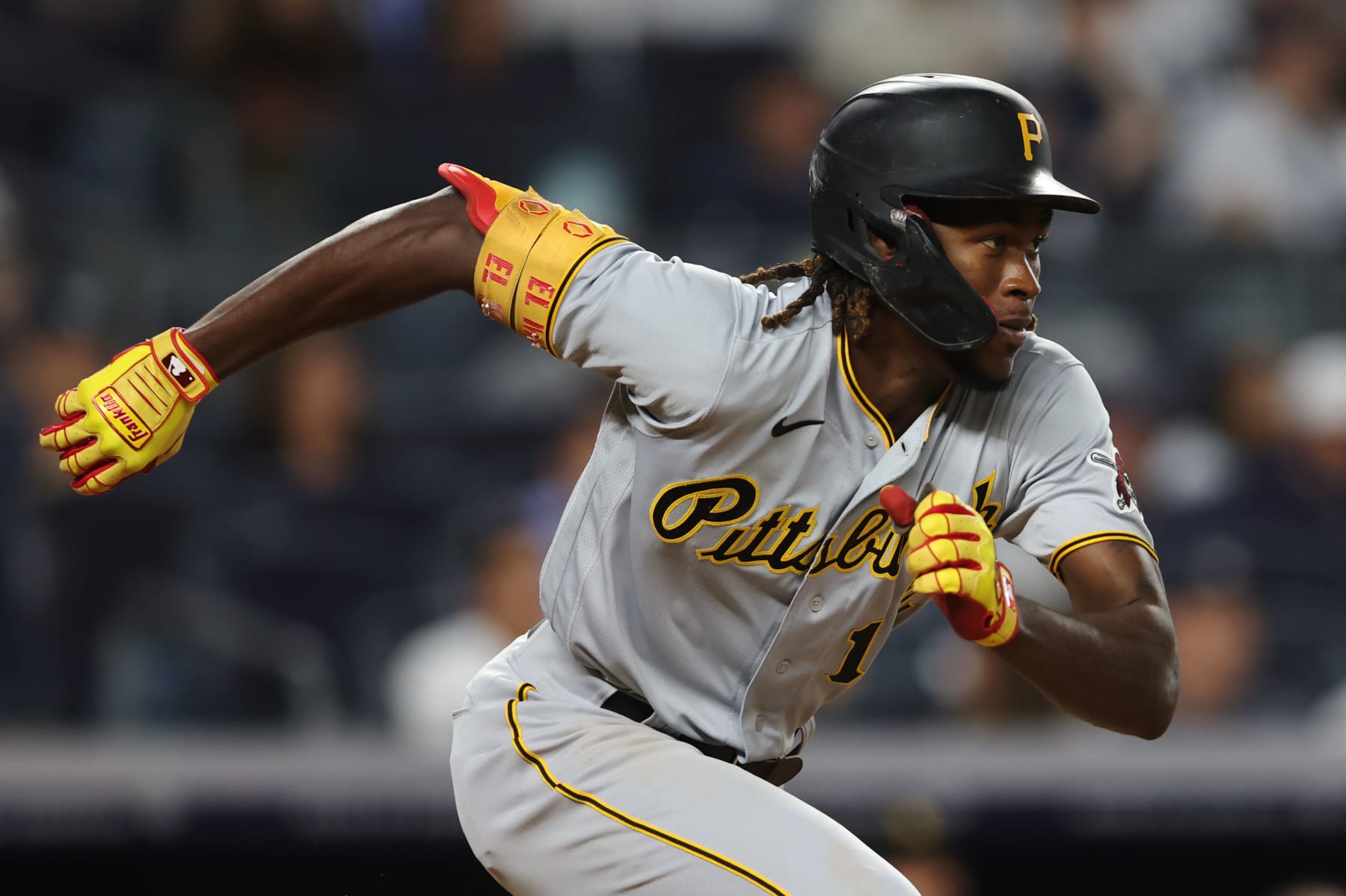 NEW YORK, NY - SEPTEMBER 21: Oneil Cruz #15 of the Pittsburgh Pirates grounds out to second in the third inning during the game between the Pittsburgh Pirates and the New York Yankees at Yankee Stadium on Wednesday, September 21, 2022 in New York, New York. (Photo by Rob Tringali/MLB Photos via Getty Images)