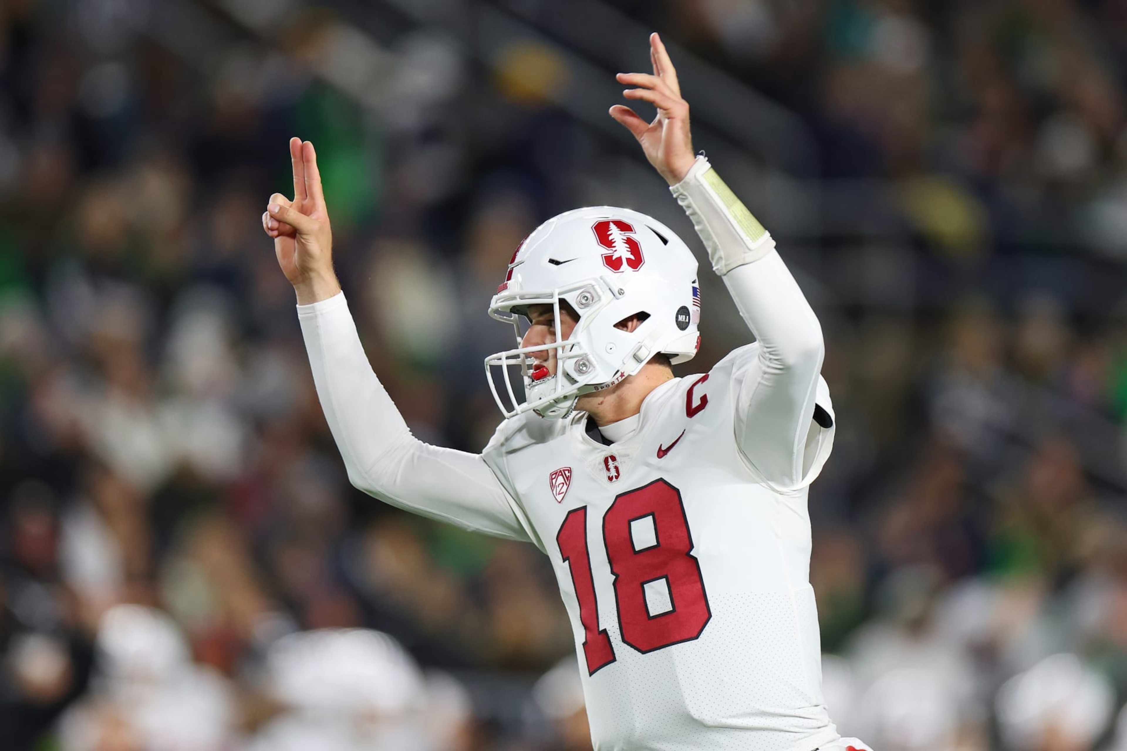 SOUTH BEND, INDIANA - OCTOBER 15: Tanner McKee #18 of the Stanford Cardinal celebrates a touchdown run by Casey Filkins #2 (not pictured) against the Notre Dame Fighting Irish during the first half at Notre Dame Stadium on October 15, 2022 in South Bend, Indiana. (Photo by Michael Reaves/Getty Images)
