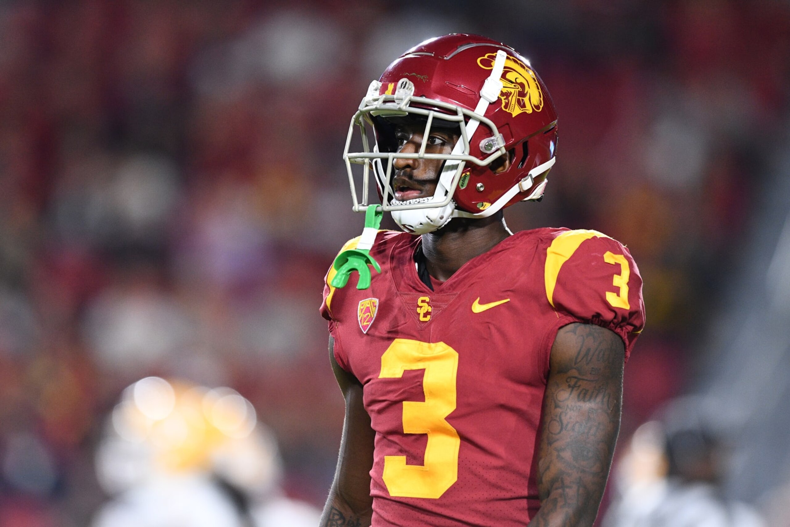 LOS ANGELES, CA - OCTOBER 01: USC Trojans wide receiver Jordan Addison (3) looks on during the college football game between the Arizona State Sun Devils and the USC Trojans on October 1, 2022, at Los Angeles Memorial Coliseum in Los Angeles, CA. (Photo by Brian Rothmuller/Icon Sportswire via Getty Images)