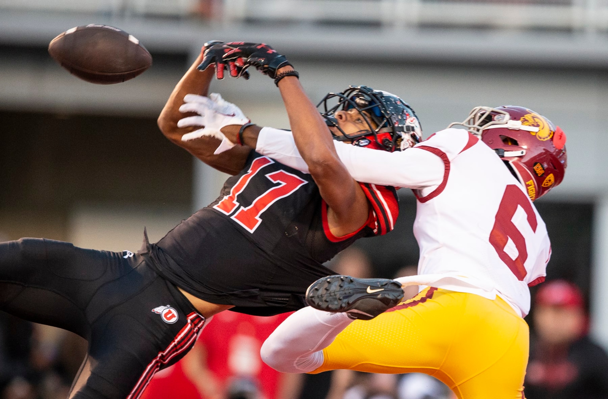 SALT LAKE CITY UT- OCTOBER 15:  Mekhi Blackmon #6 of the USC Trojans breaks up a pass intended for Devaughn Vele #17 during the first half of their game October 15, 2022 Rice-Eccles Stadium in Salt Lake City Utah. (Photo by Chris Gardner/ Getty Images)