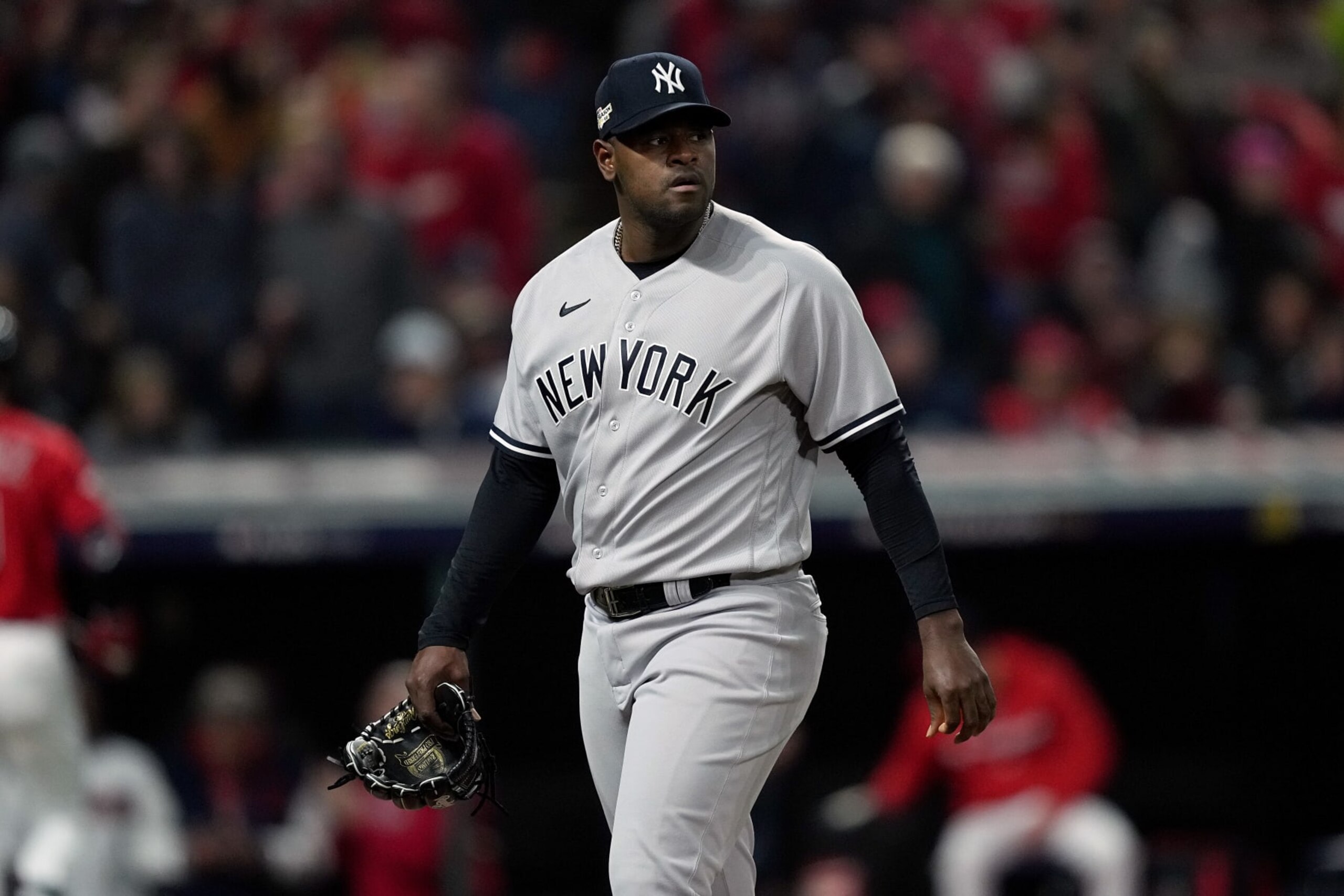 CLEVELAND, OHIO - OCTOBER 15: Luis Severino #40 of the New York Yankees walks off the field after the first inning against the Cleveland Guardians in game three of the American League Division Series at Progressive Field on October 15, 2022 in Cleveland, Ohio. (Photo by Dylan Buell/Getty Images)