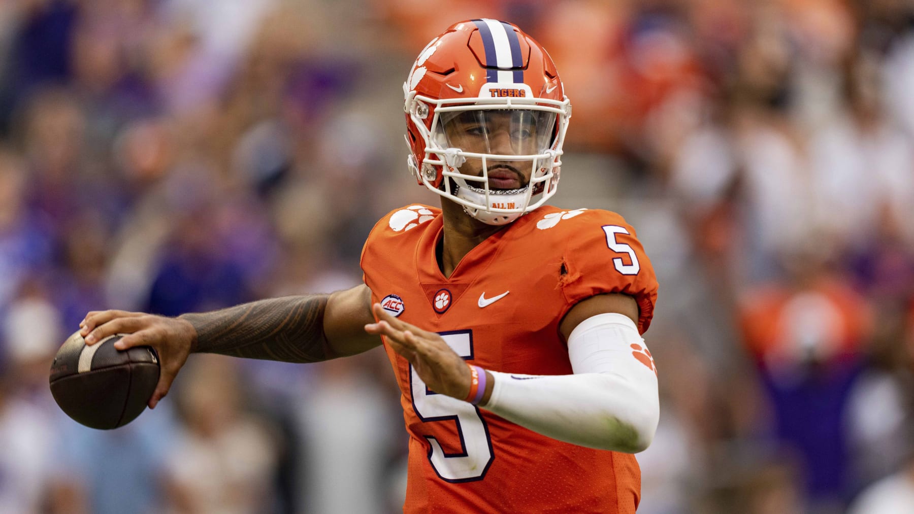 Clemson Tigers quarterback DJ Uiagalelei (5) passes the ball during an NCAA college football game against the Furman Paladins in Clemson, S.C., Saturday, Sept. 10, 2022. (AP Photo/Jacob Kupferman)