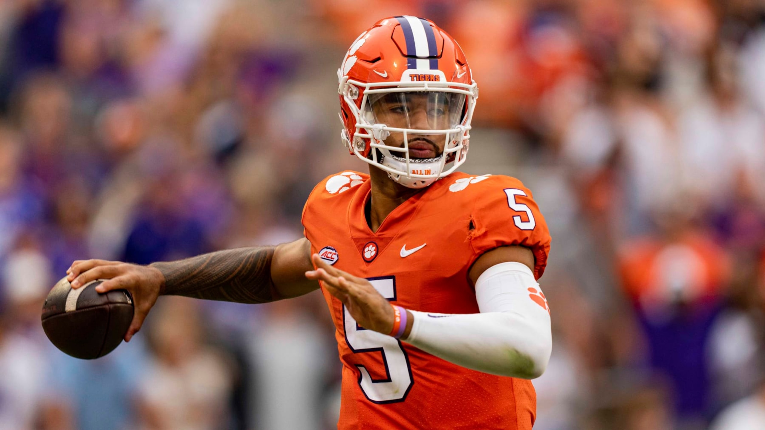 Clemson Tigers quarterback DJ Uiagalelei (5) passes the ball during an NCAA college football game against the Furman Paladins in Clemson, S.C., Saturday, Sept. 10, 2022. (AP Photo/Jacob Kupferman)