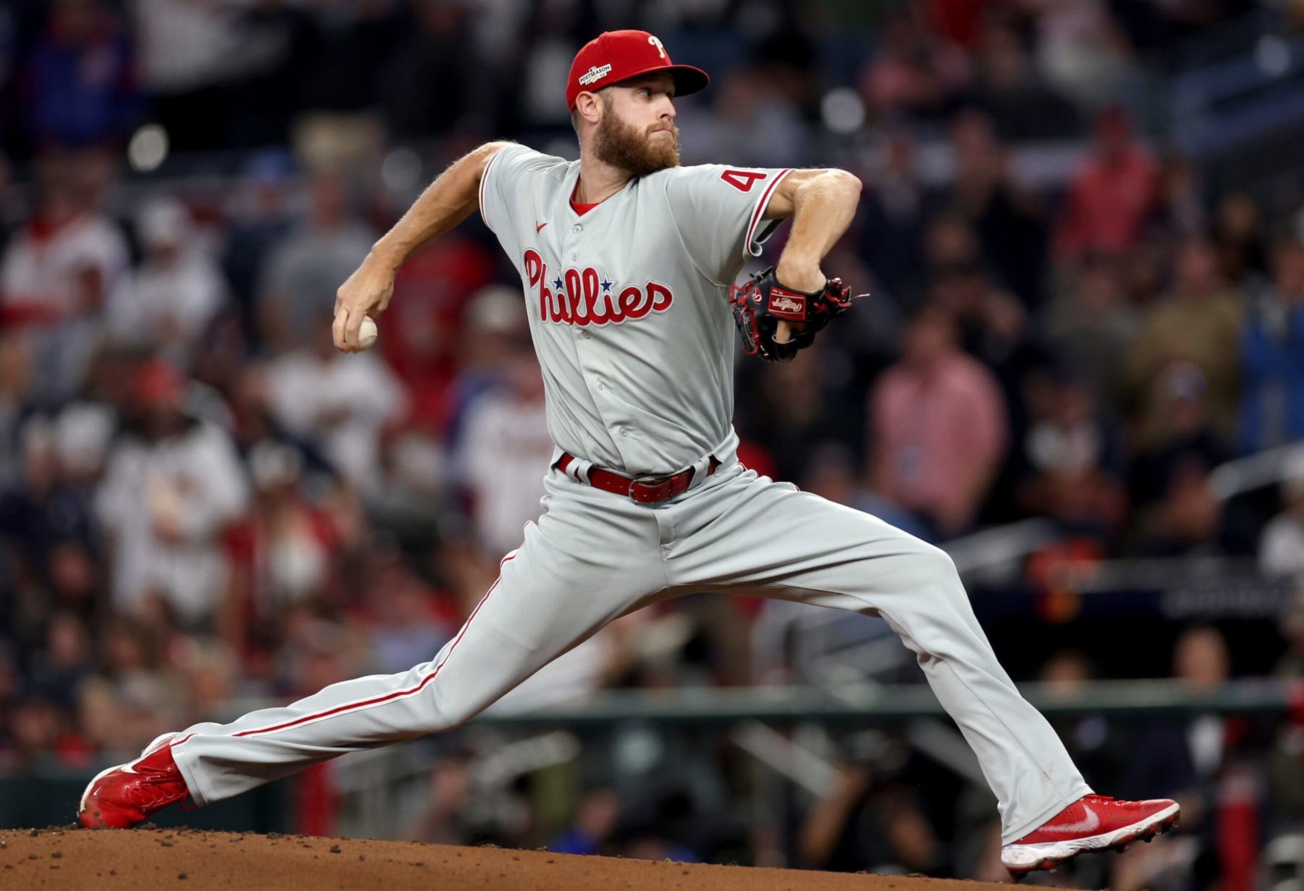 ATLANTA, GEORGIA - OCTOBER 12: Zack Wheeler #45 of the Philadelphia Phillies delivers a pitch against the Atlanta Braves during the first inning in game two of the National League Division Series at Truist Park on October 12, 2022 in Atlanta, Georgia. (Photo by Patrick Smith/Getty Images)