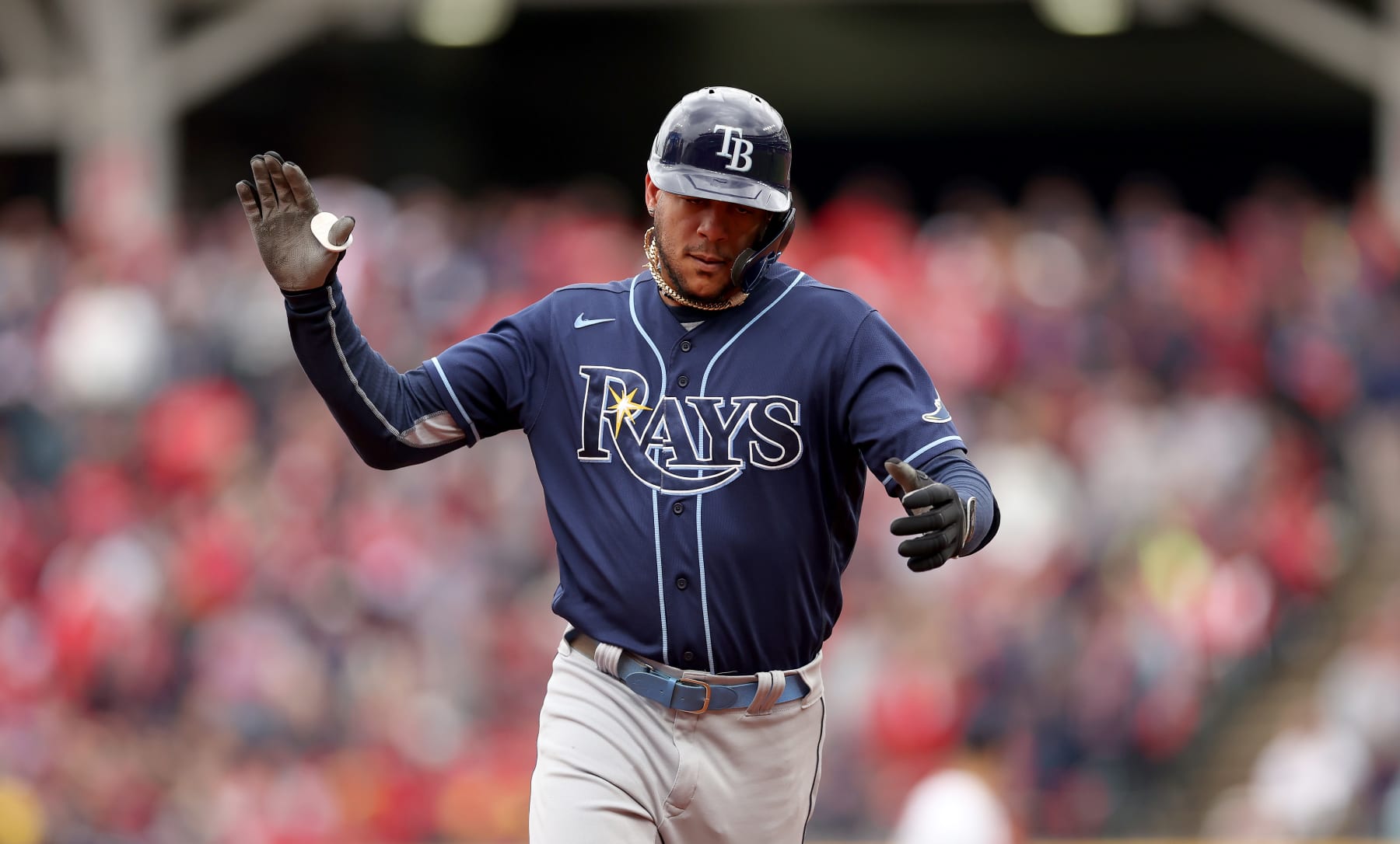 CLEVELAND, OHIO - OCTOBER 07: Jose Siri #22 of the Tampa Bay Rays celebrates after hitting a home run in the sixth inning against the Cleveland Guardians in game one of the Wild Card Series at Progressive Field on October 07, 2022 in Cleveland, Ohio. (Photo by Matthew Stockman/Getty Images)