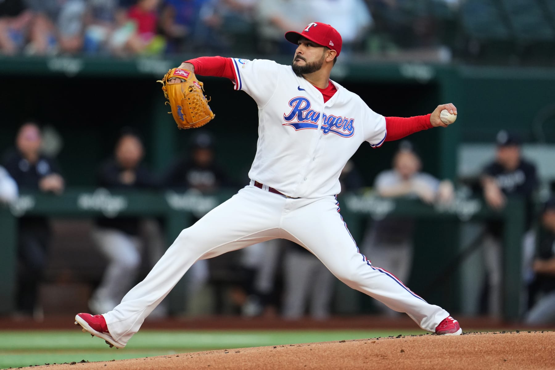 ARLINGTON, TX - OCTOBER 03: Martín Pérez #54 of the Texas Rangers pitches in the first inning during the game between the New York Yankees and the Texas Rangers at Globe Life Field on Monday, October 3, 2022 in Arlington, Texas. (Photo by Cooper Neill/MLB Photos via Getty Images)