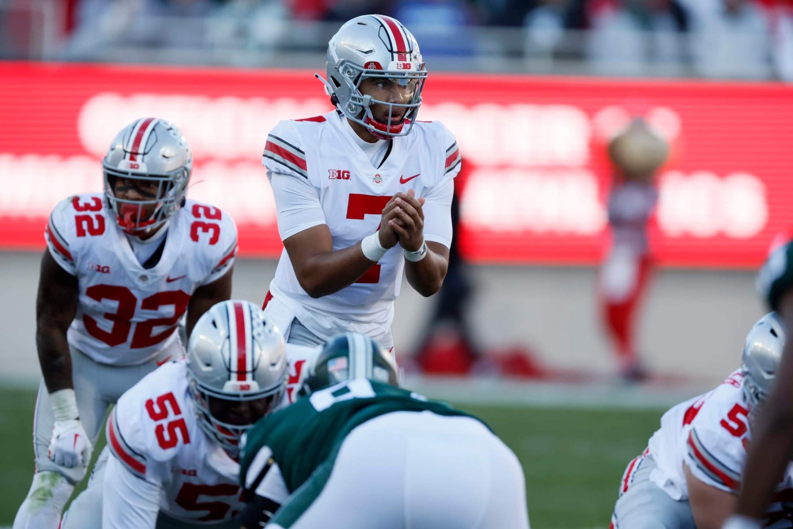 College Football: Ohio State quarterback C.J. Stroud (7) in action, receives the snap vs Michigan State during a game played at Spartan Stadium
East Lansing, MI 10/8/2022 
CREDIT: David E. Klutho (Photo by David E. Klutho/Sports Illustrated via Getty Images) 
(Set Number: X164186 TK1)