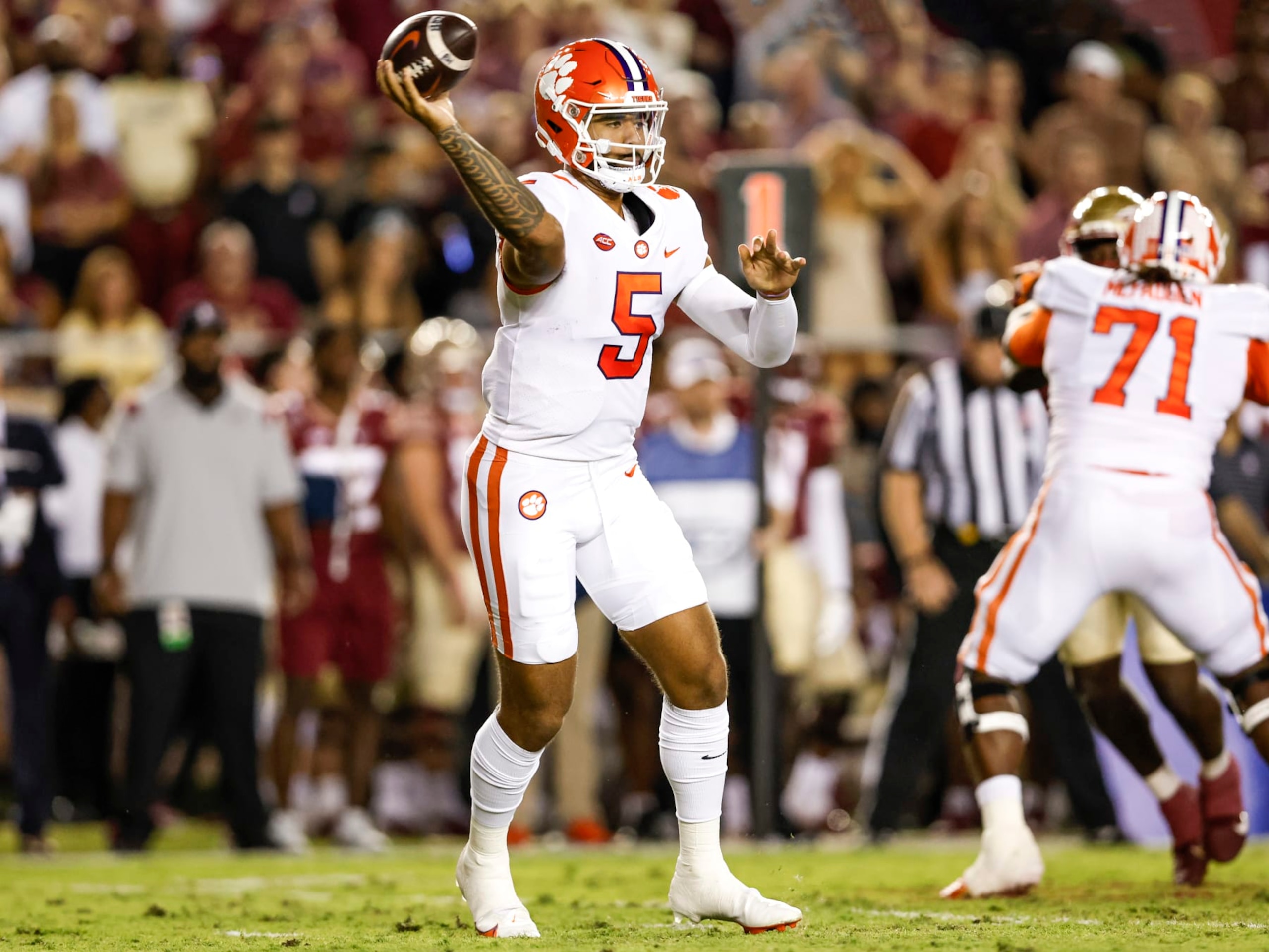 TALLAHASSEE, FL - OCTOBER 15: Quarterback DJ Uiagalelei #5 of the Clemson Tigers on a pass play during the game against the Florida State Seminoles at Doak Campbell Stadium on Bobby Bowden Field on October 15, 2022 in Tallahassee, Florida. The Tigers defeated the Seminoles 34 to 28. (Photo by Don Juan Moore/Getty Images)
