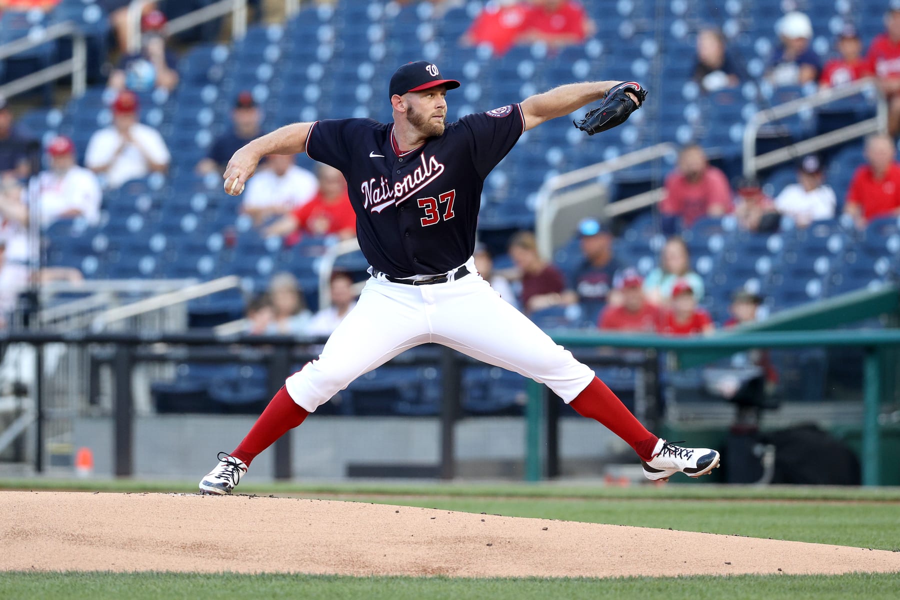 WASHINGTON, DC - MAY 27: Starting pitcher Stephen Strasburg #37 of the Washington Nationals throws to a Cincinnati Reds batter in the first inning at Nationals Park on May 27, 2021 in Washington, DC. (Photo by Rob Carr/Getty Images)
